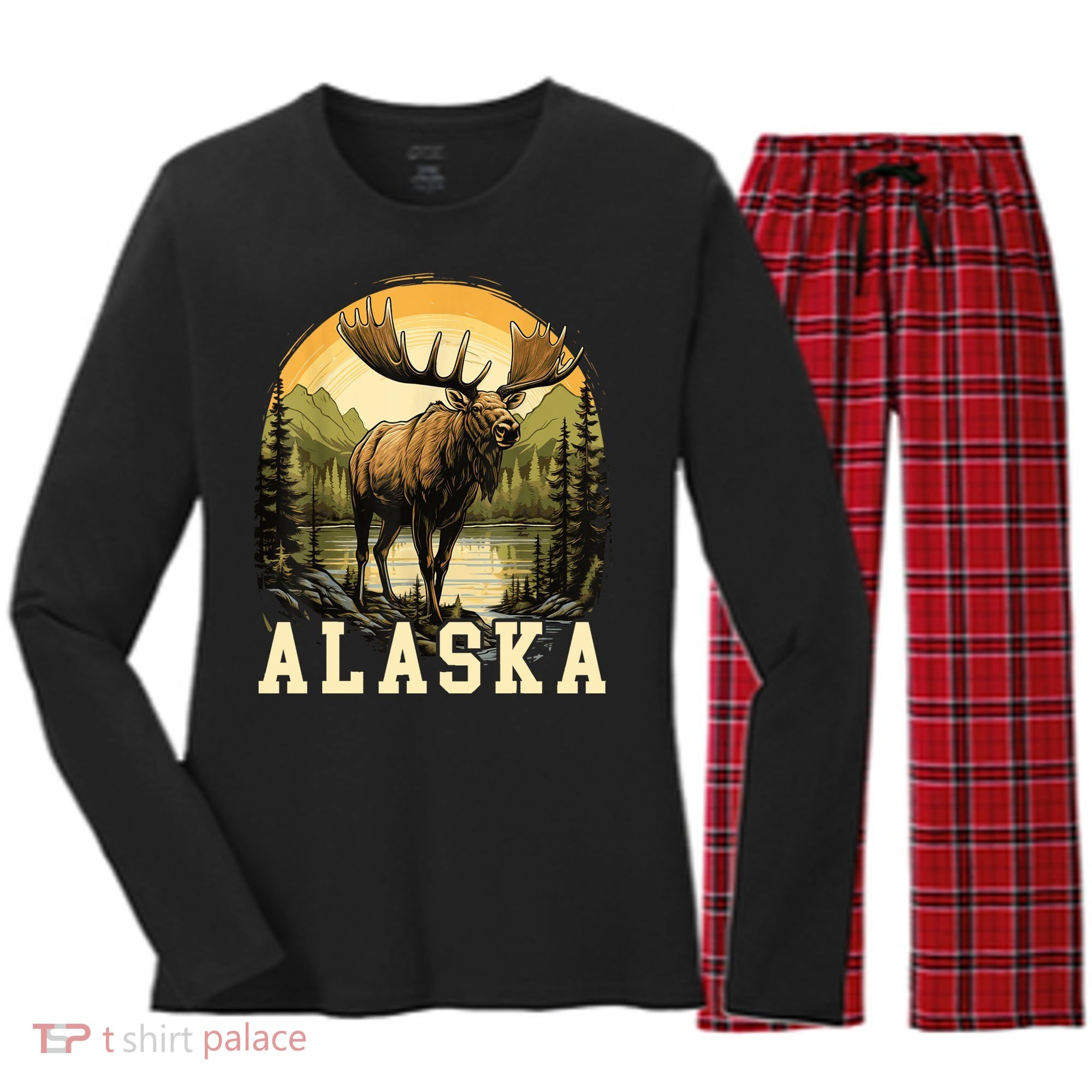 Glacier Mountain Landscape Alaskan Wildlife Alaska Moose Women's Long Sleeve Flannel Pajama Set 