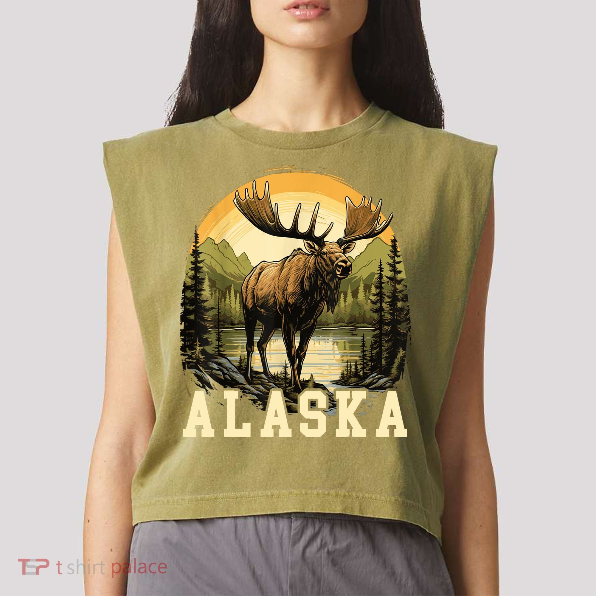 Glacier Mountain Landscape Alaskan Wildlife Alaska Moose Garment-Dyed Women's Muscle Tee