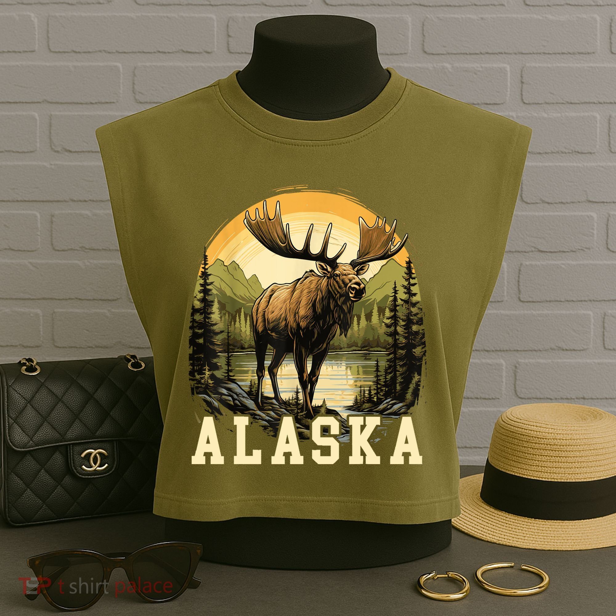 Glacier Mountain Landscape Alaskan Wildlife Alaska Moose Garment-Dyed Women's Muscle Tee