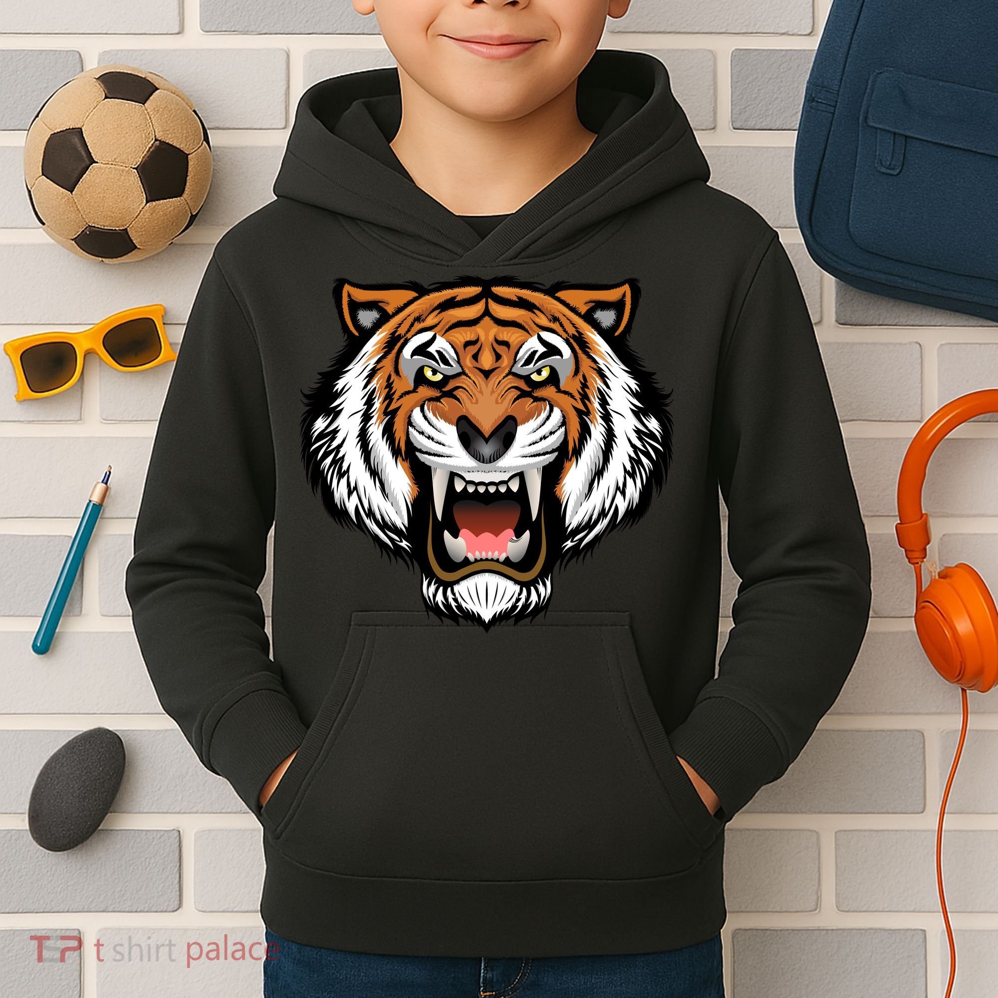 Growling Mouth Open Bengal Tiger Kids Hoodie