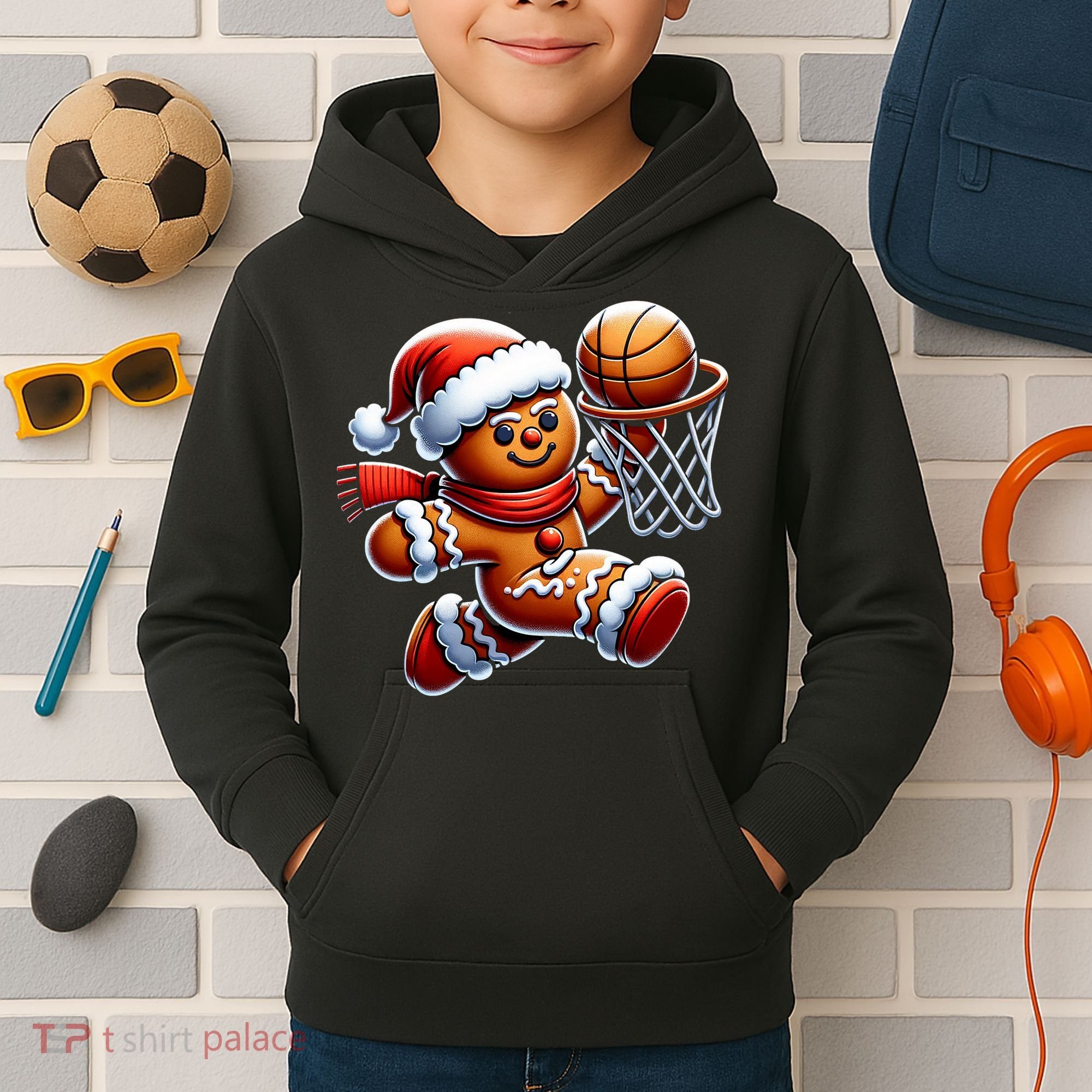 Gingerbread Man Playing Basketball Christmas Xmas Kids Hoodie
