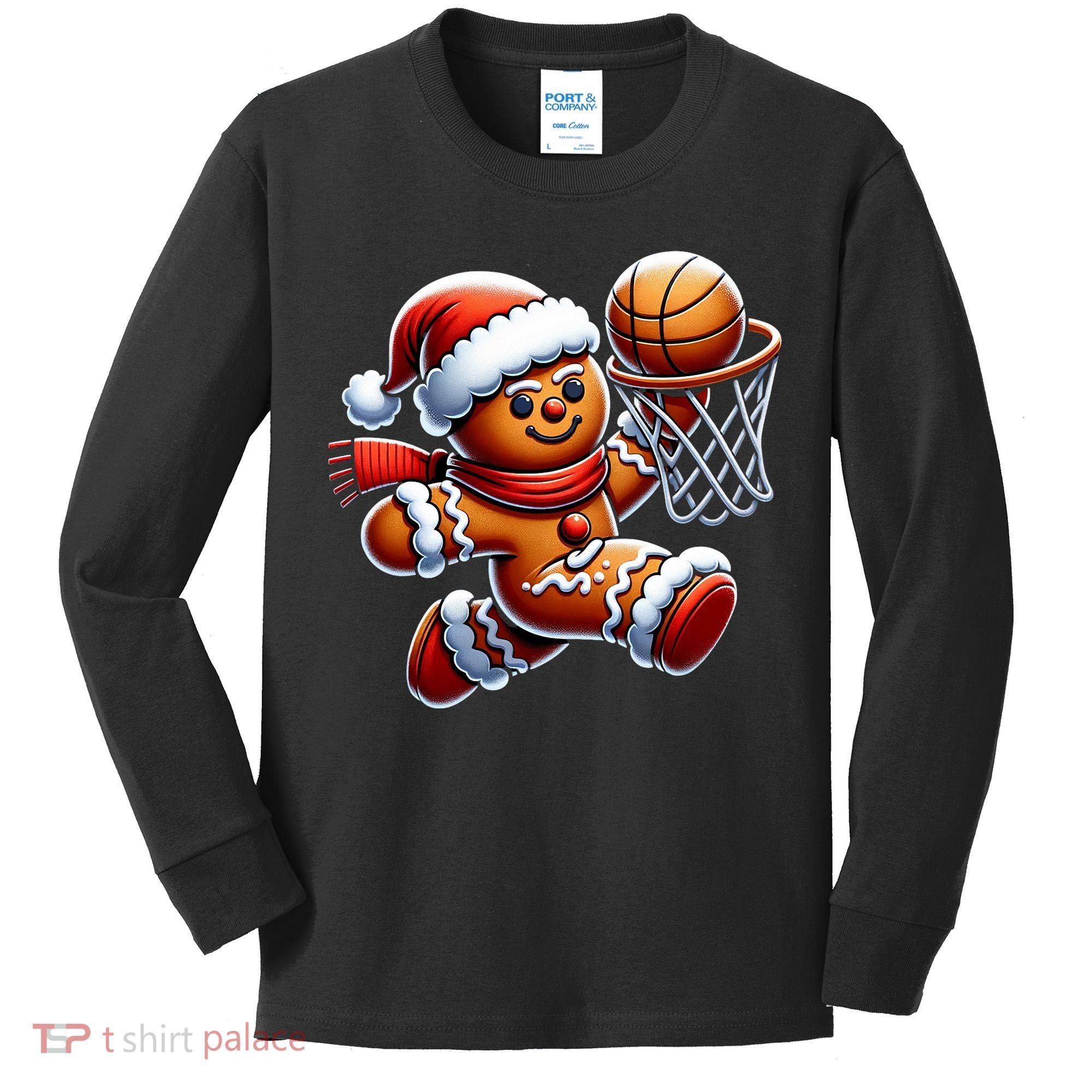 Gingerbread Man Playing Basketball Christmas Xmas Kids Long Sleeve Shirt