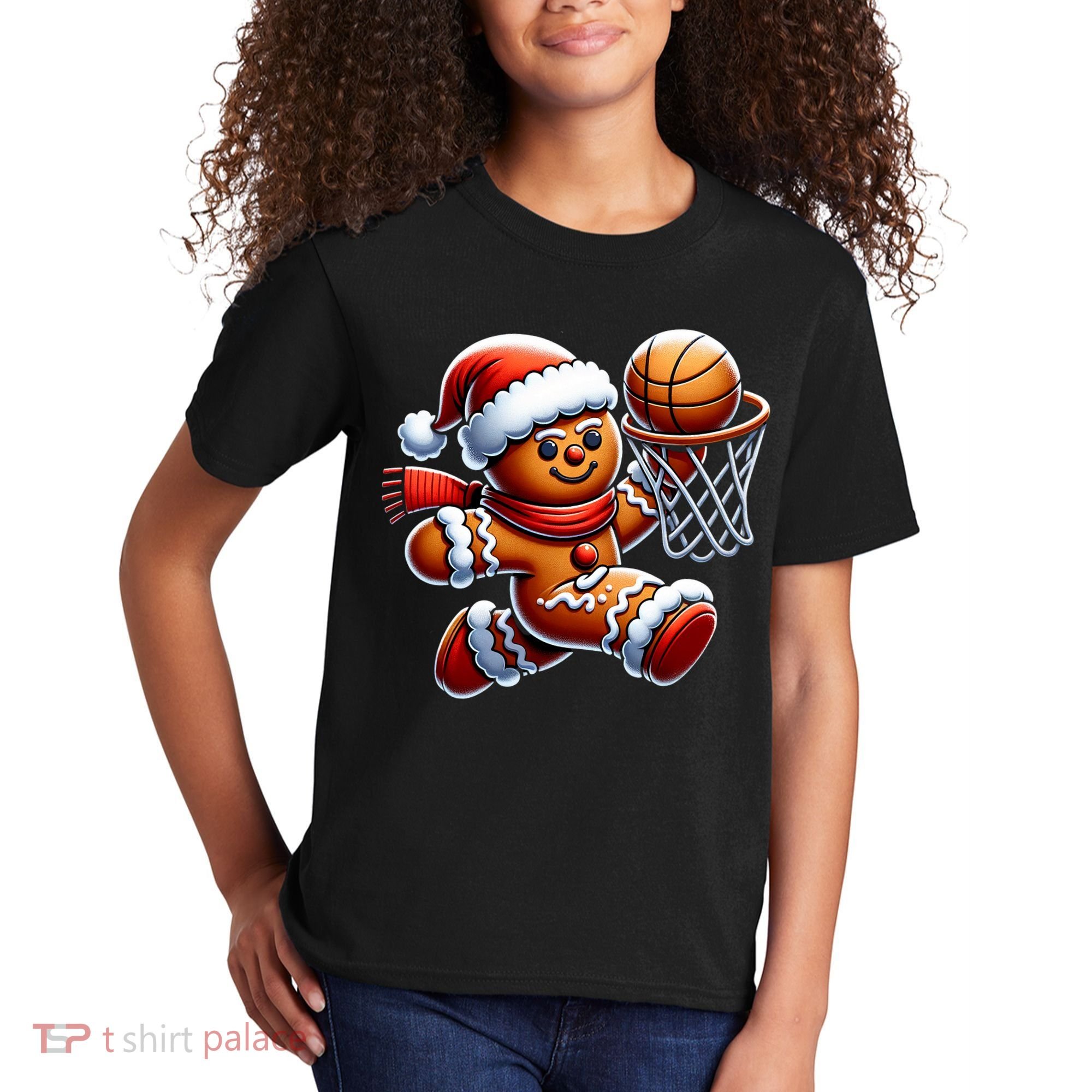 Gingerbread Man Playing Basketball Christmas Xmas Kids T-Shirt