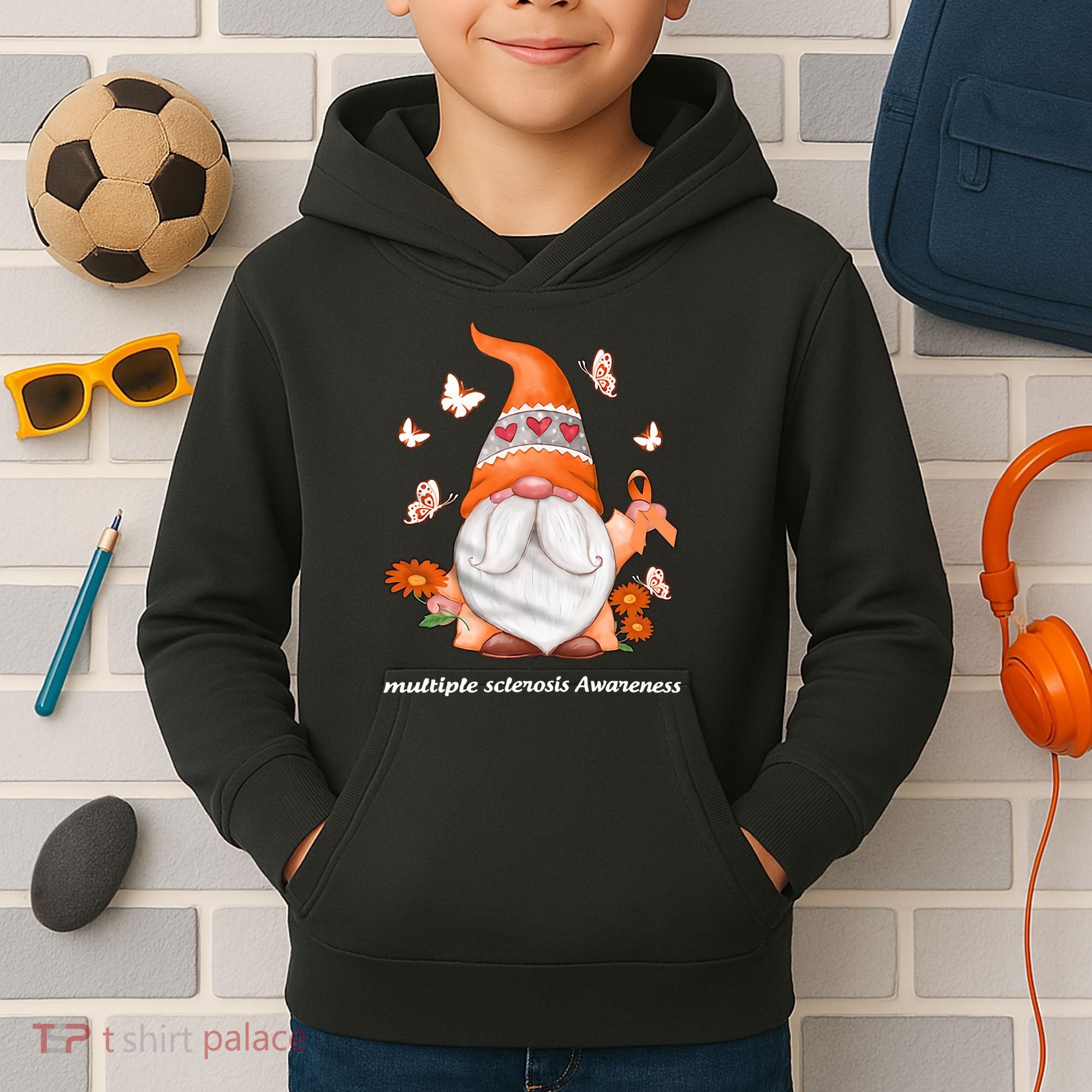 Gnome Multiple Sclerosis Awareness Orange Ribbon Gnome MS Warrior Kids Hoodie