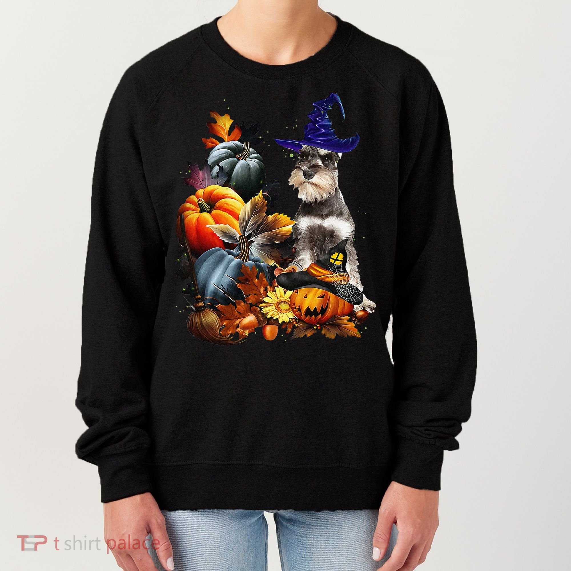 Grey Miniature Schnauzer Witch Hat Spooky Pumpkin Halloween Women's Sweatshirt