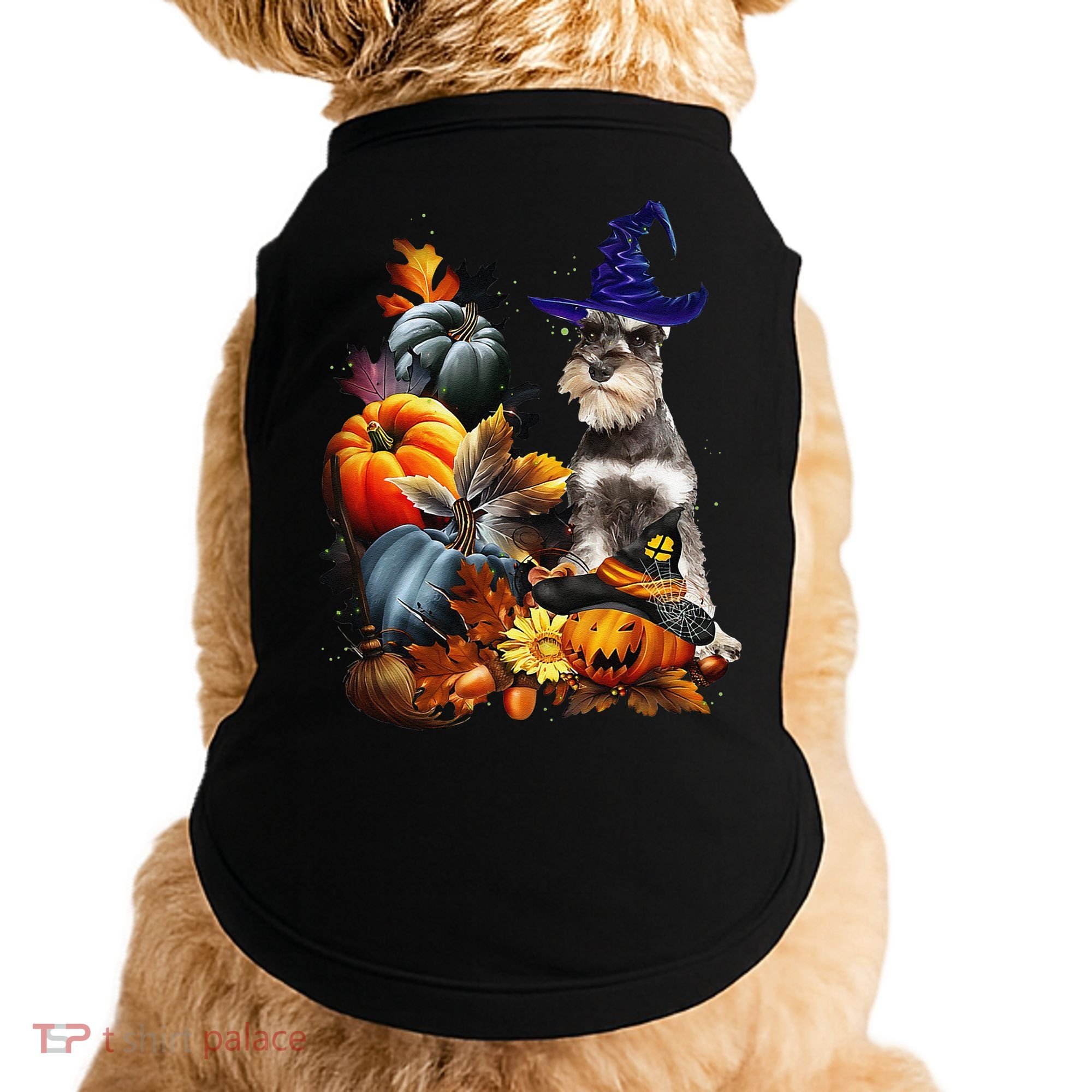 Grey Miniature Schnauzer Witch Hat Spooky Pumpkin Halloween Doggie Tank