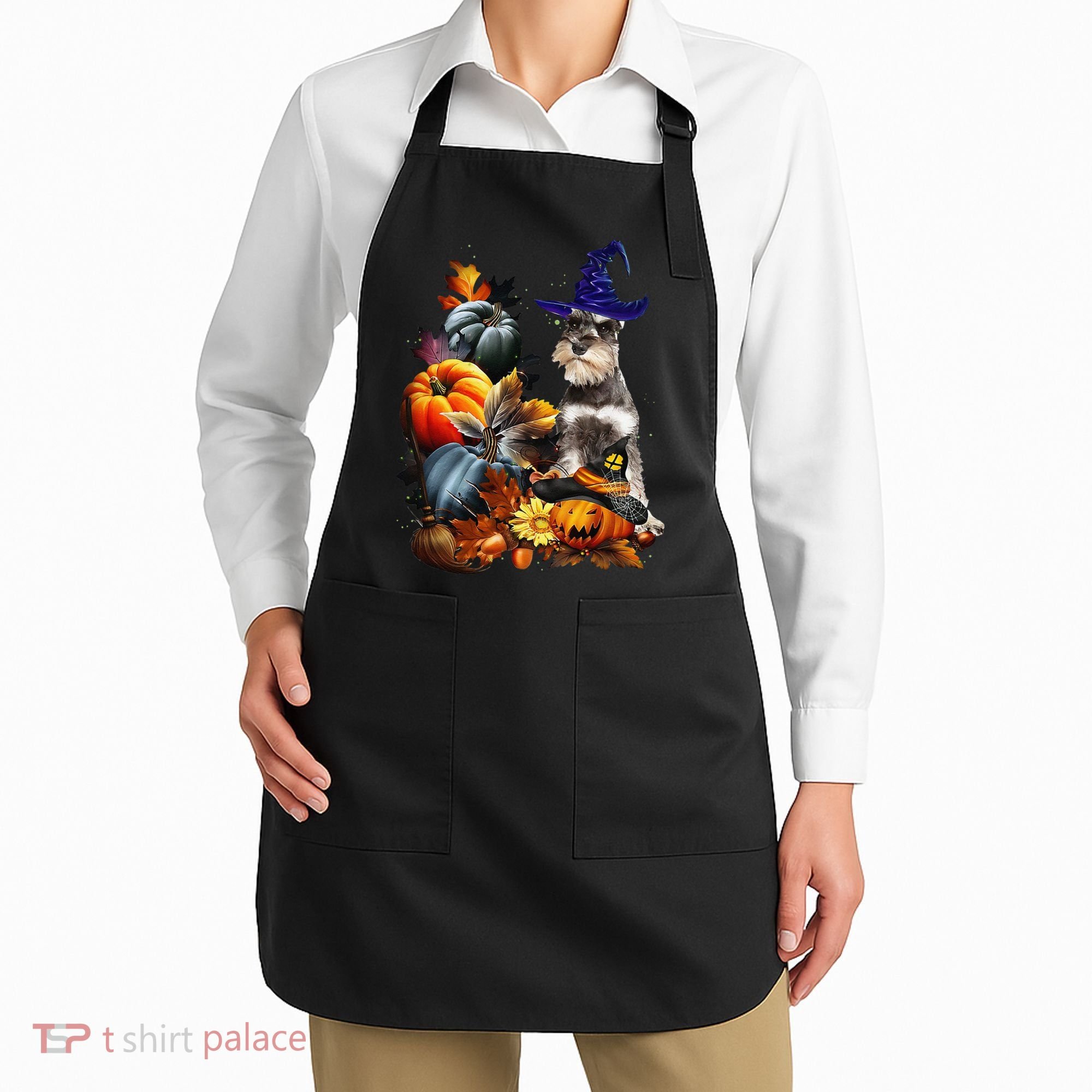 Grey Miniature Schnauzer Witch Hat Spooky Pumpkin Halloween Apron