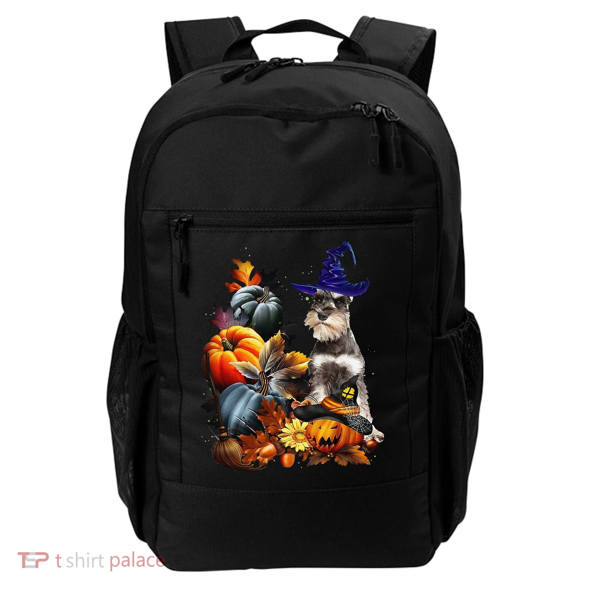 Grey Miniature Schnauzer Witch Hat Spooky Pumpkin Halloween Backpack
