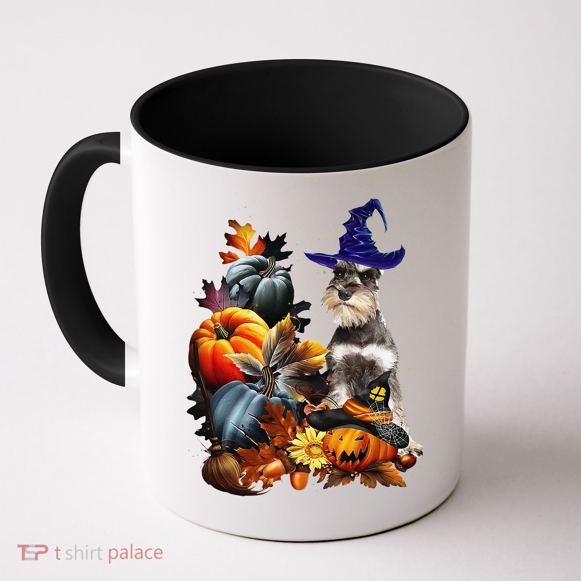 Grey Miniature Schnauzer Witch Hat Spooky Pumpkin Halloween Coffee Mug