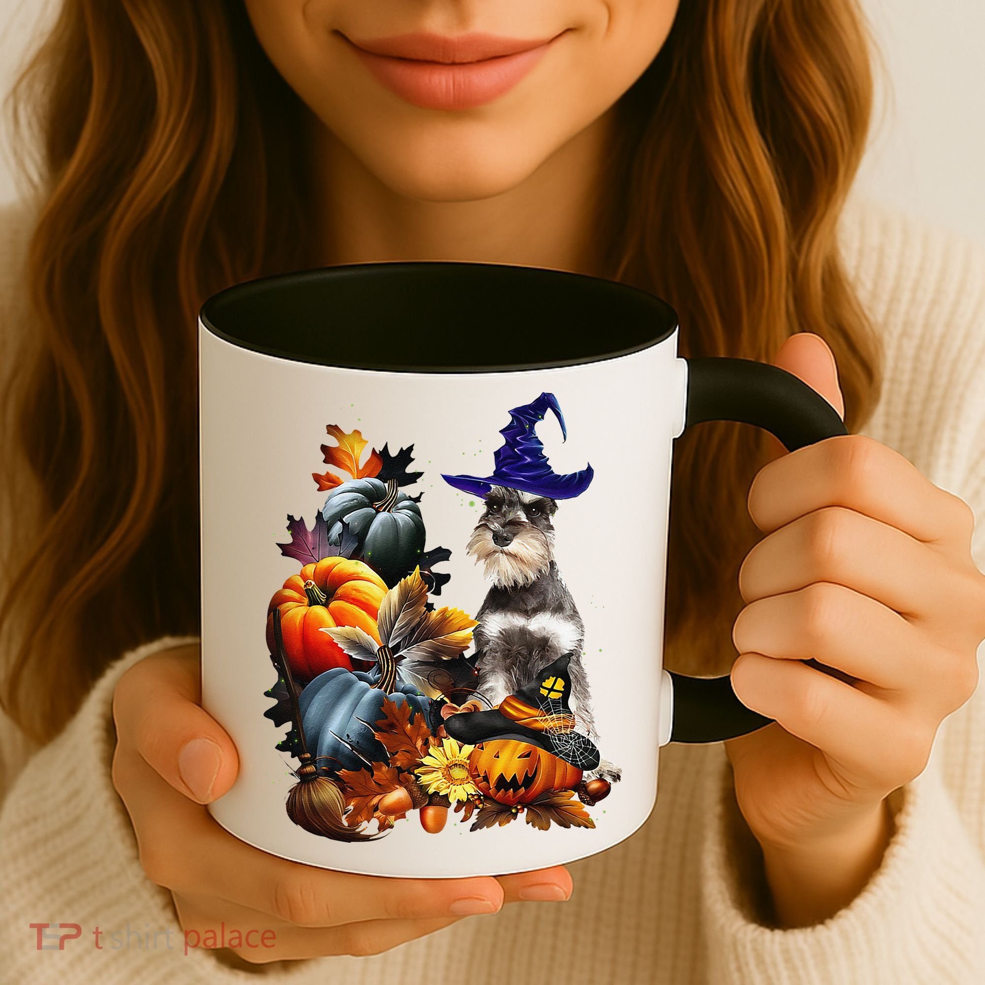 Grey Miniature Schnauzer Witch Hat Spooky Pumpkin Halloween Coffee Mug