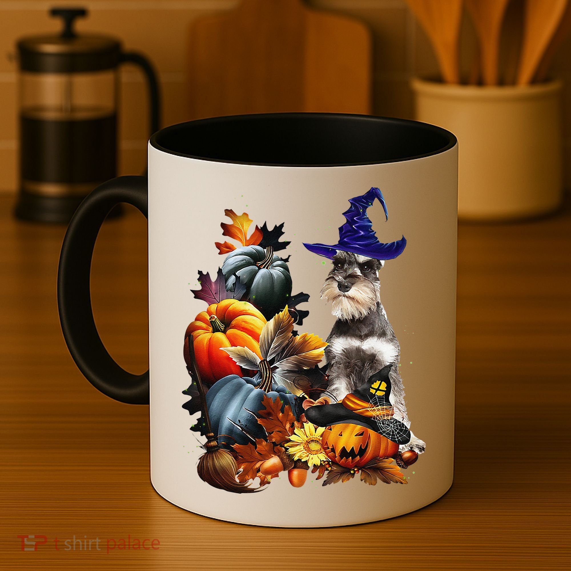 Grey Miniature Schnauzer Witch Hat Spooky Pumpkin Halloween Coffee Mug