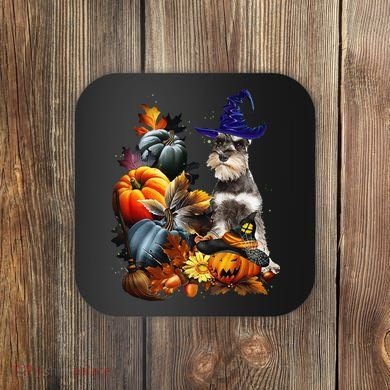 Grey Miniature Schnauzer Witch Hat Spooky Pumpkin Halloween Coaster