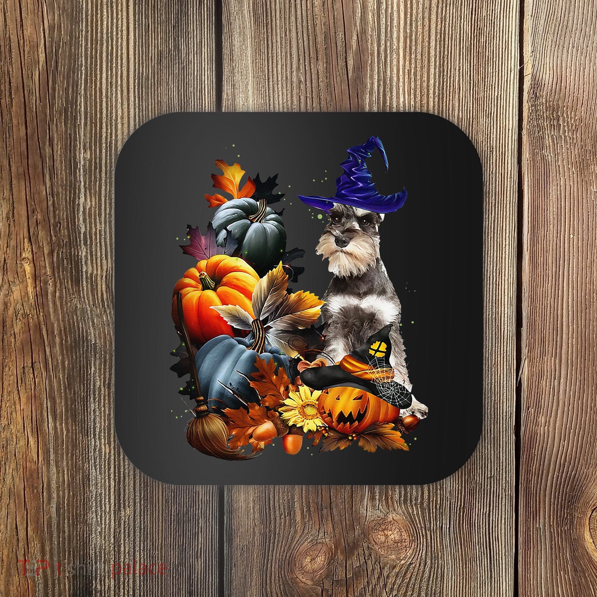 Grey Miniature Schnauzer Witch Hat Spooky Pumpkin Halloween Coaster
