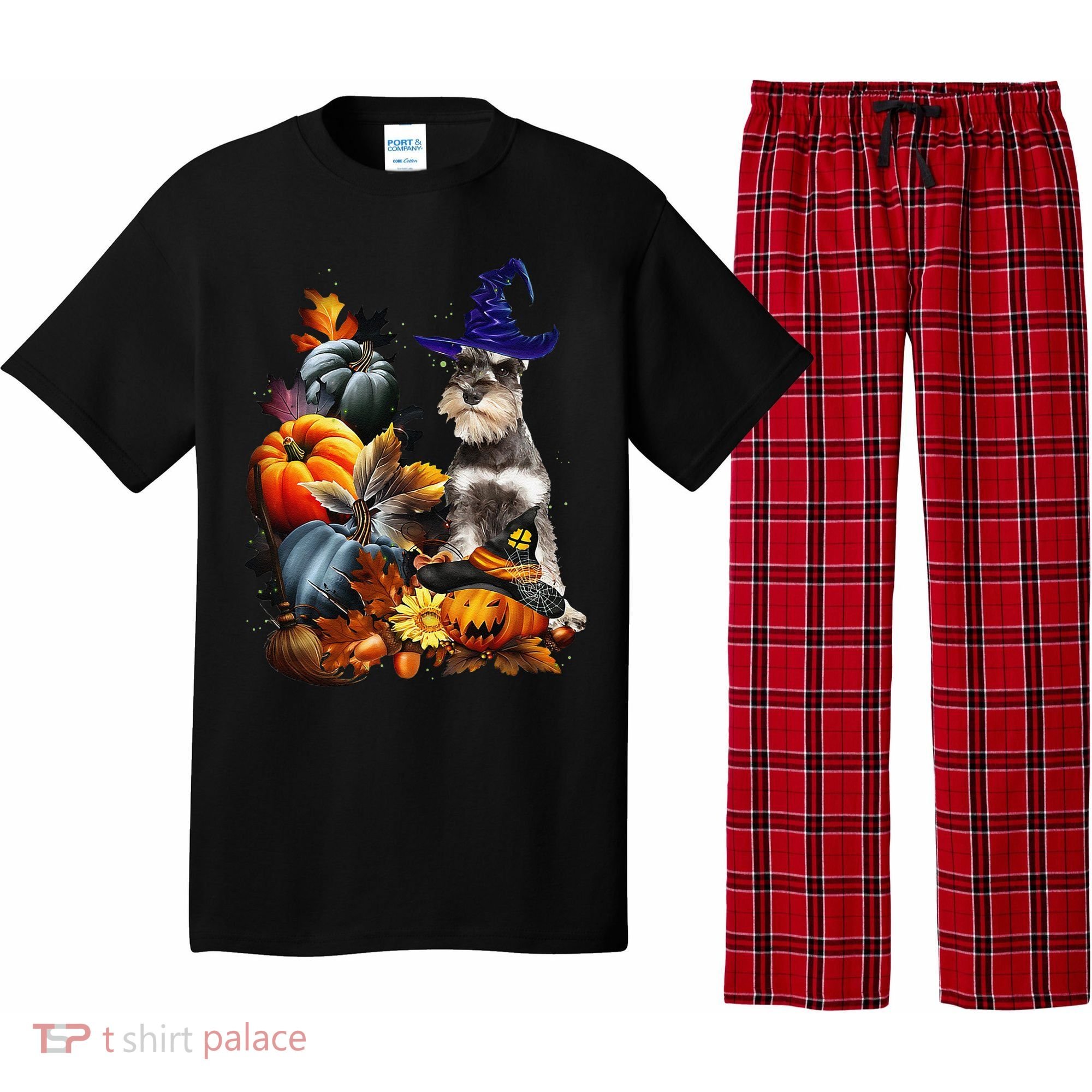 Grey Miniature Schnauzer Witch Hat Spooky Pumpkin Halloween Pajama Set