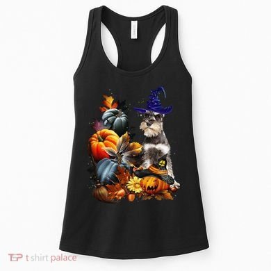 Grey Miniature Schnauzer Witch Hat Spooky Pumpkin Halloween Women's Tank Top