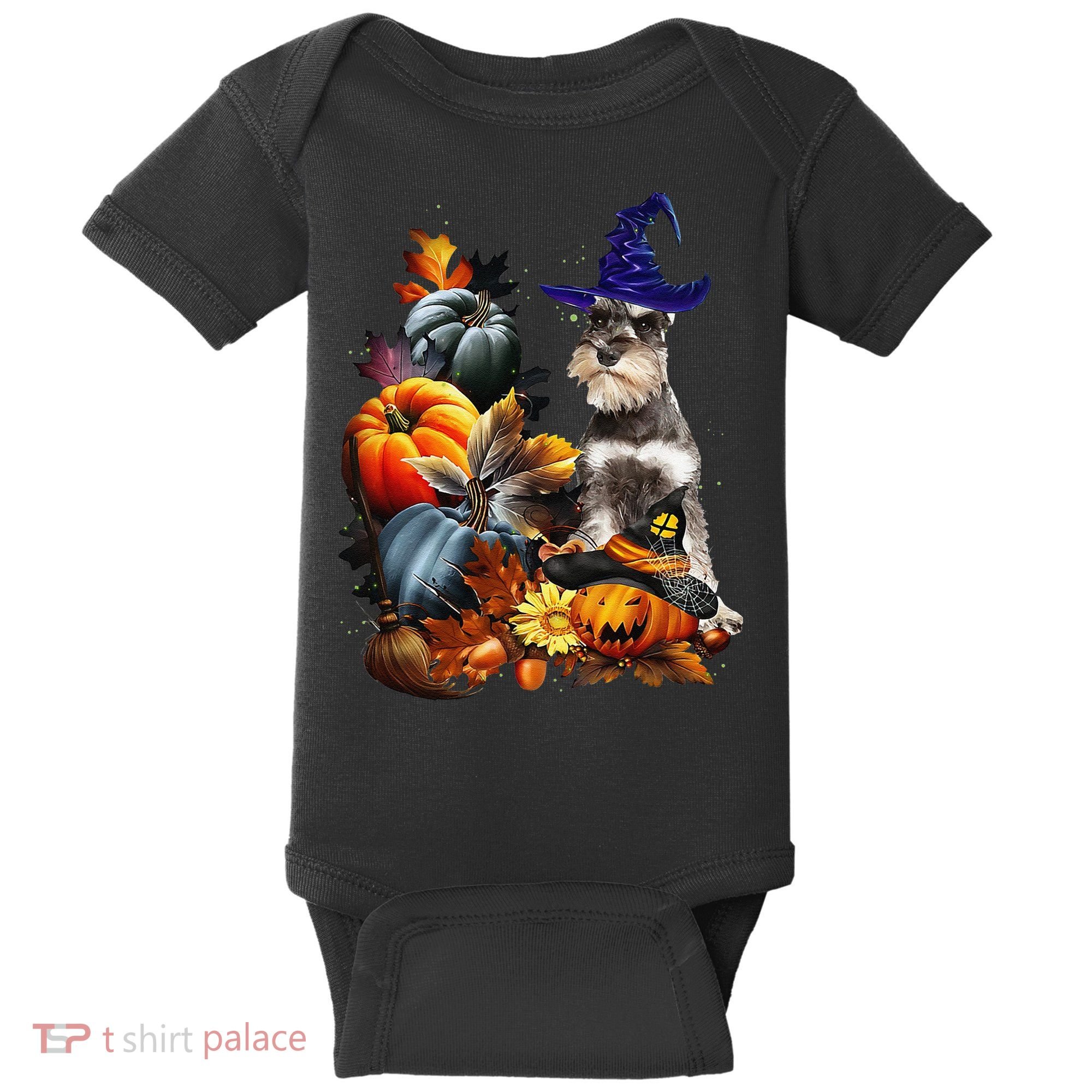 Grey Miniature Schnauzer Witch Hat Spooky Pumpkin Halloween Baby Bodysuit