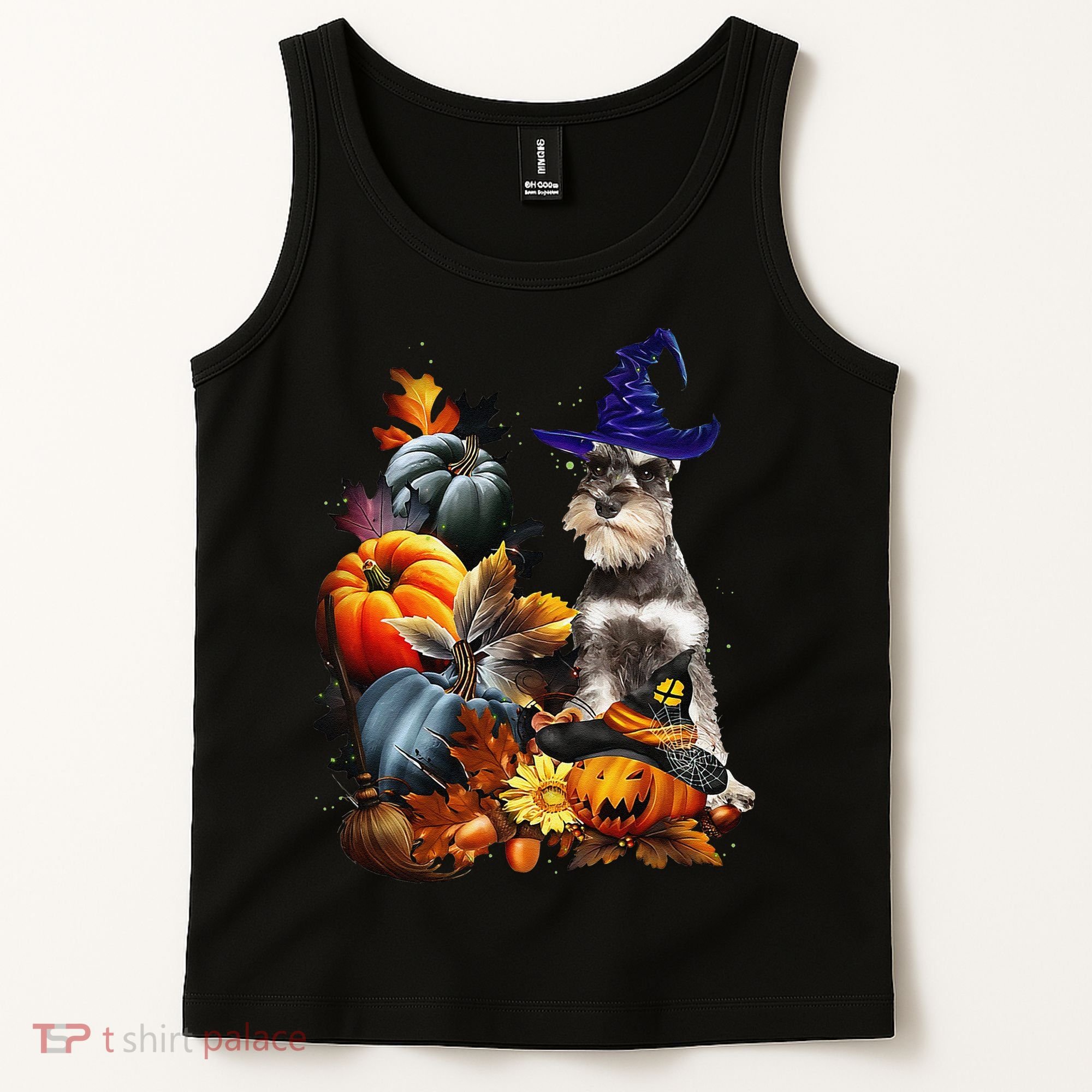 Grey Miniature Schnauzer Witch Hat Spooky Pumpkin Halloween Tank Top