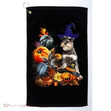 Grey Miniature Schnauzer Witch Hat Spooky Pumpkin Halloween Golf Towel