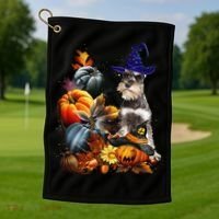 Grey Miniature Schnauzer Witch Hat Spooky Pumpkin Halloween Golf Towel thumb 1