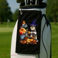 Grey Miniature Schnauzer Witch Hat Spooky Pumpkin Halloween Golf Towel thumb 2