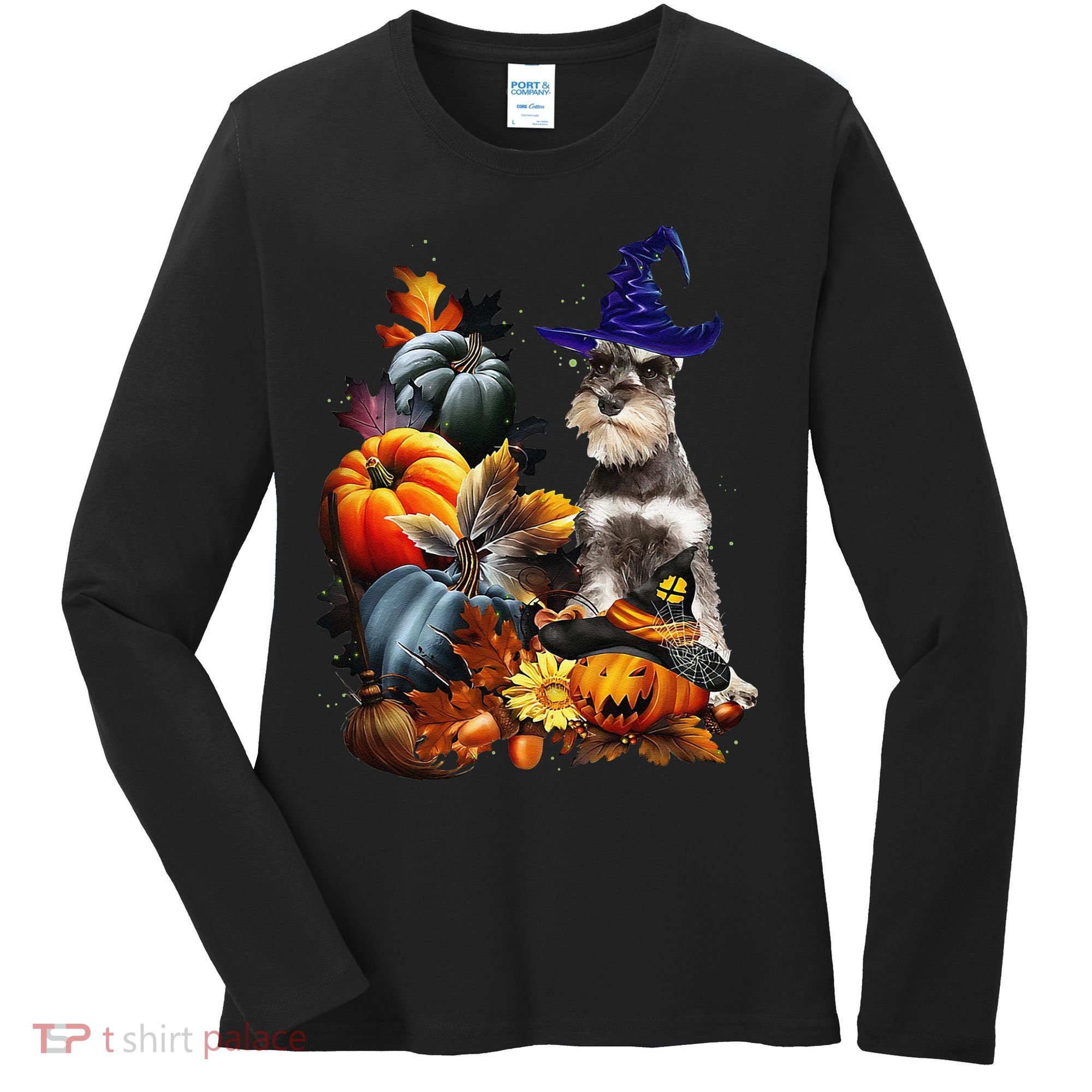 Grey Miniature Schnauzer Witch Hat Spooky Pumpkin Halloween Women's Long Sleeve Shirt