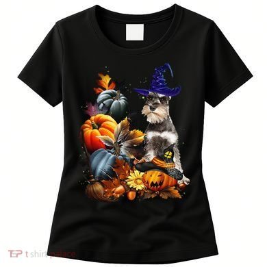 Grey Miniature Schnauzer Witch Hat Spooky Pumpkin Halloween Women's T-Shirt