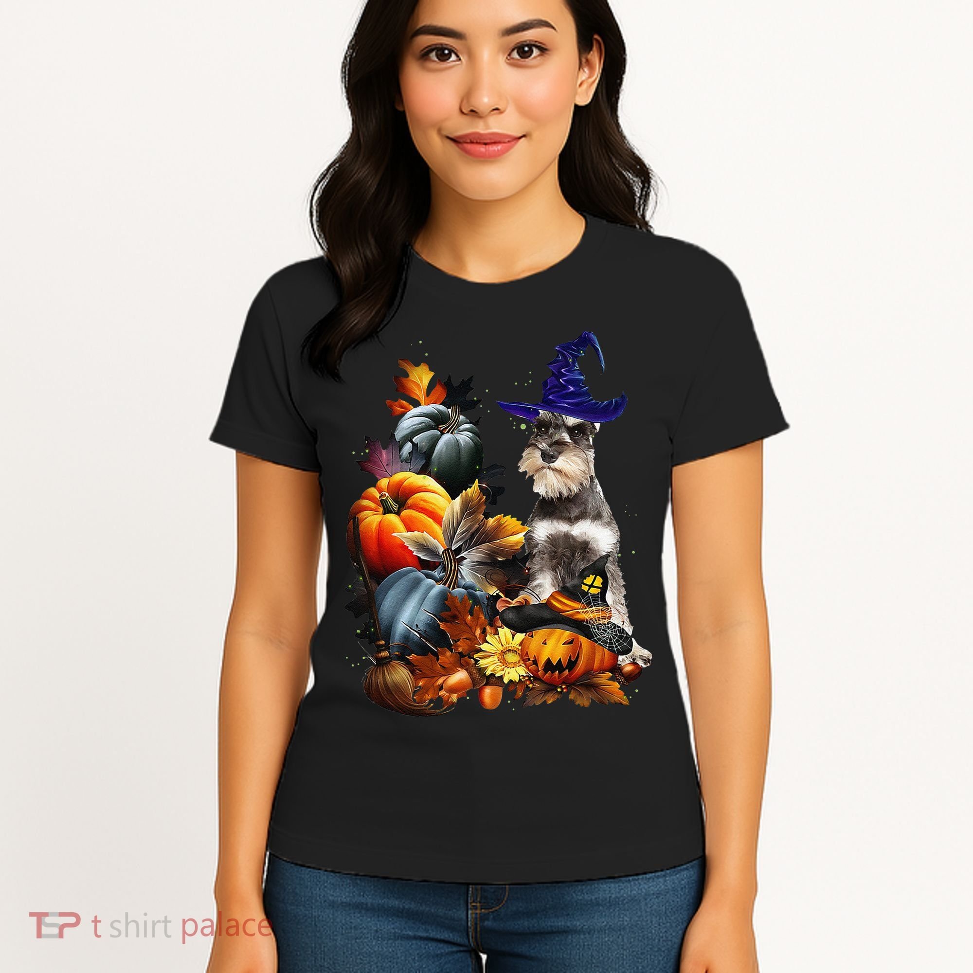 Grey Miniature Schnauzer Witch Hat Spooky Pumpkin Halloween Women's T-Shirt