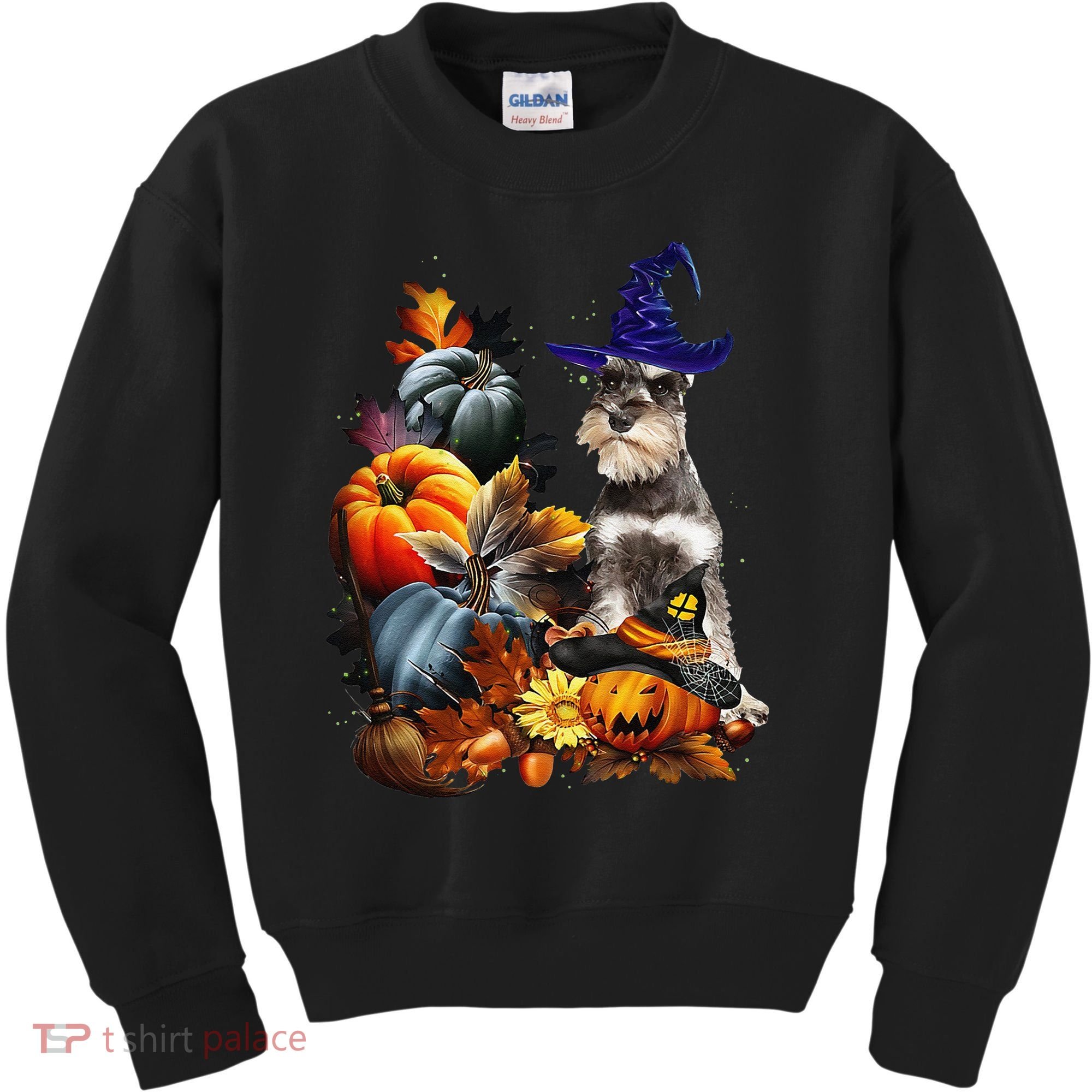 Grey Miniature Schnauzer Witch Hat Spooky Pumpkin Halloween Kids Sweatshirt