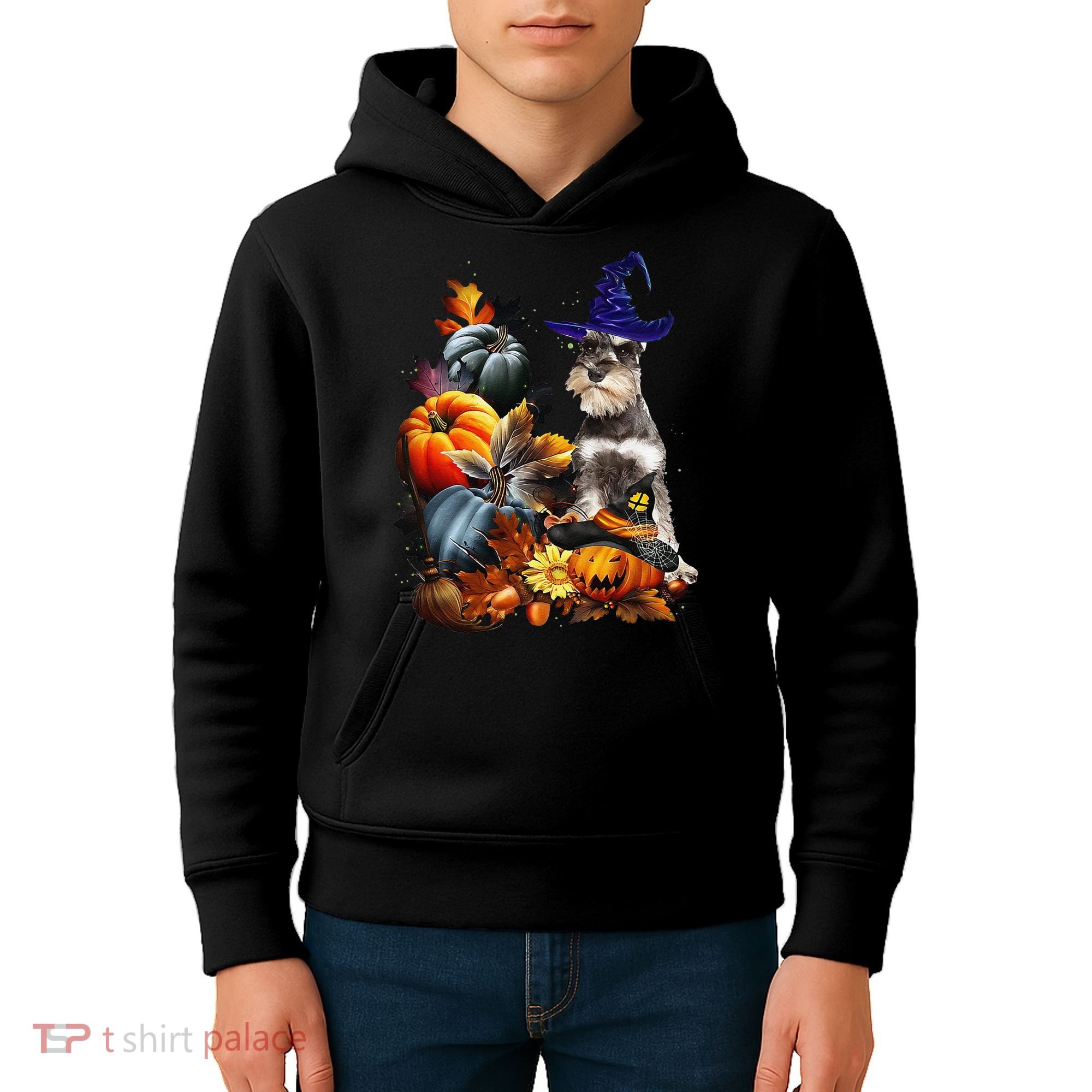 Grey Miniature Schnauzer Witch Hat Spooky Pumpkin Halloween Kids Hoodie
