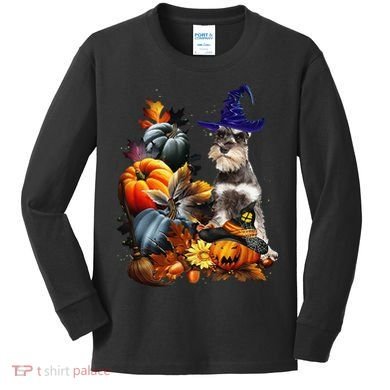 Grey Miniature Schnauzer Witch Hat Spooky Pumpkin Halloween Kids Long Sleeve Shirt
