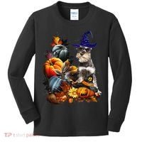 Grey Miniature Schnauzer Witch Hat Spooky Pumpkin Halloween Kids Long Sleeve Shirt thumb 0