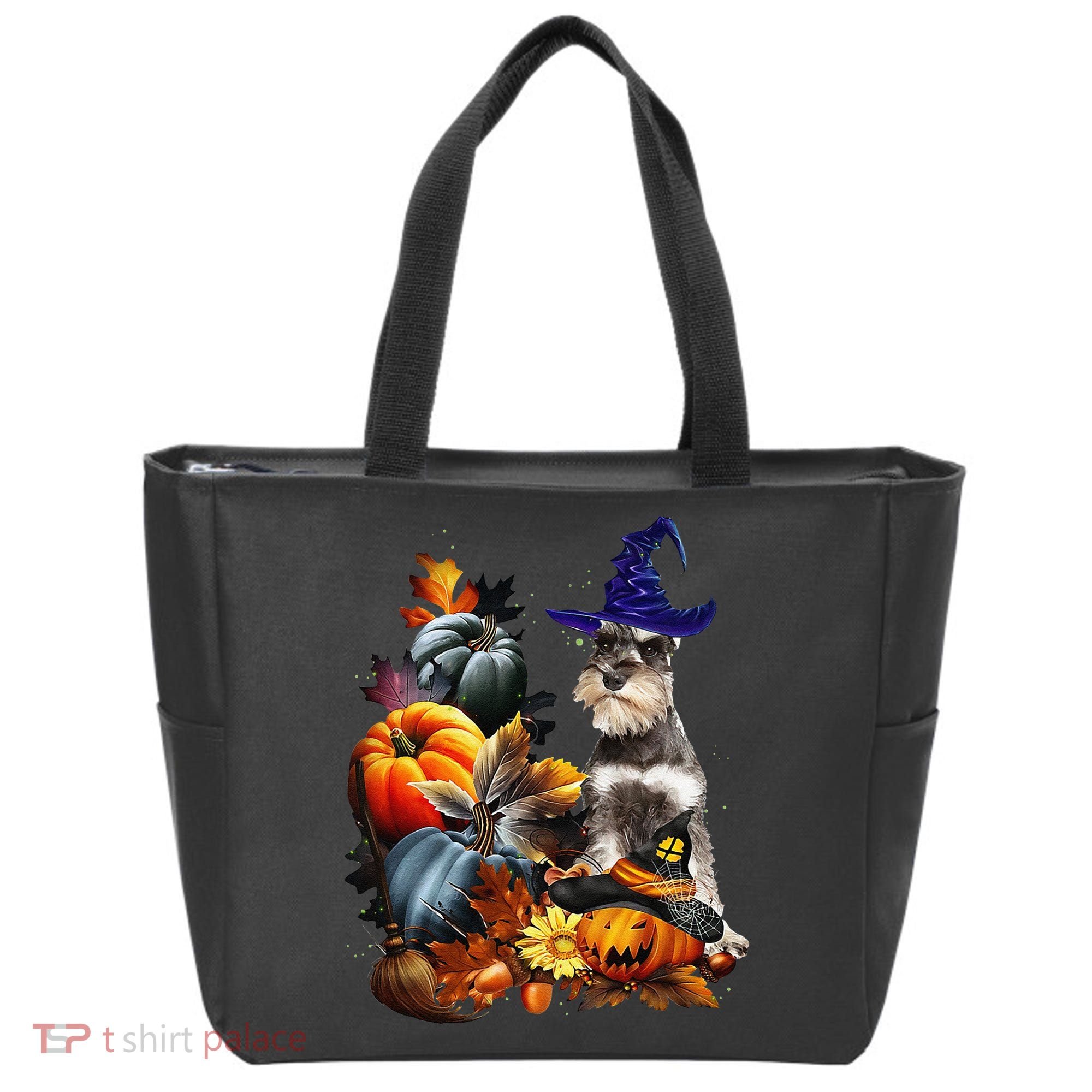 Grey Miniature Schnauzer Witch Hat Spooky Pumpkin Halloween Tote Bag
