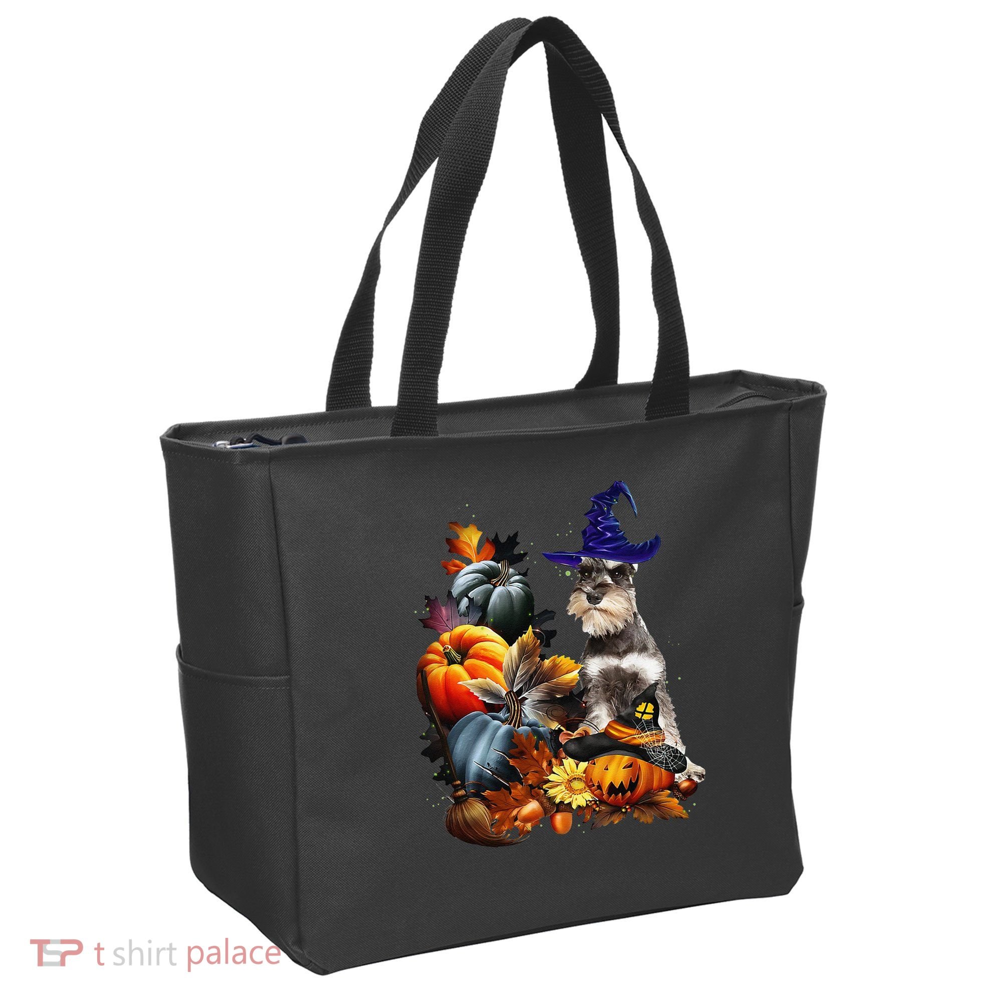 Grey Miniature Schnauzer Witch Hat Spooky Pumpkin Halloween Tote Bag