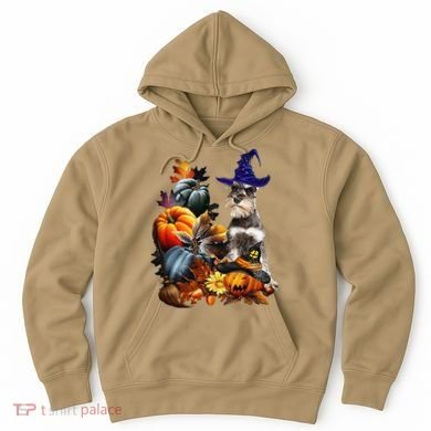 Grey Miniature Schnauzer Witch Hat Spooky Pumpkin Halloween Hoodie