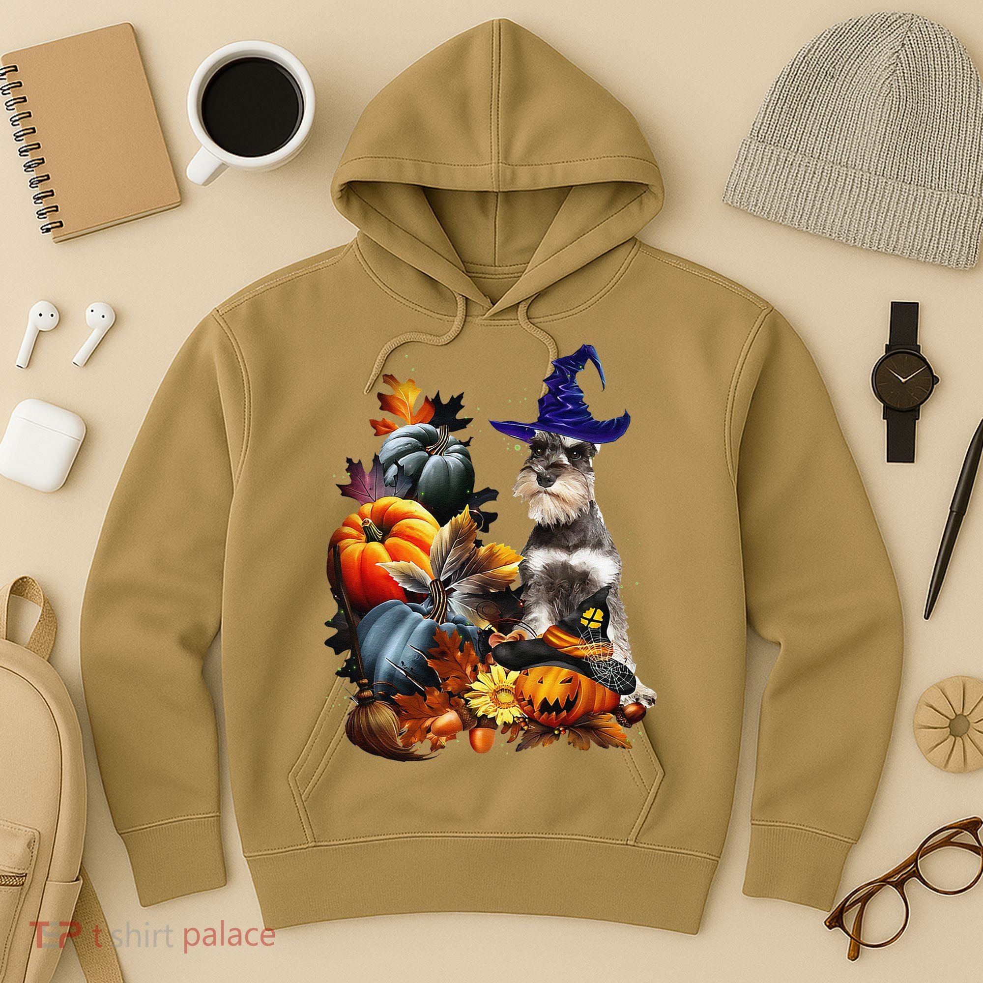 Grey Miniature Schnauzer Witch Hat Spooky Pumpkin Halloween Hoodie