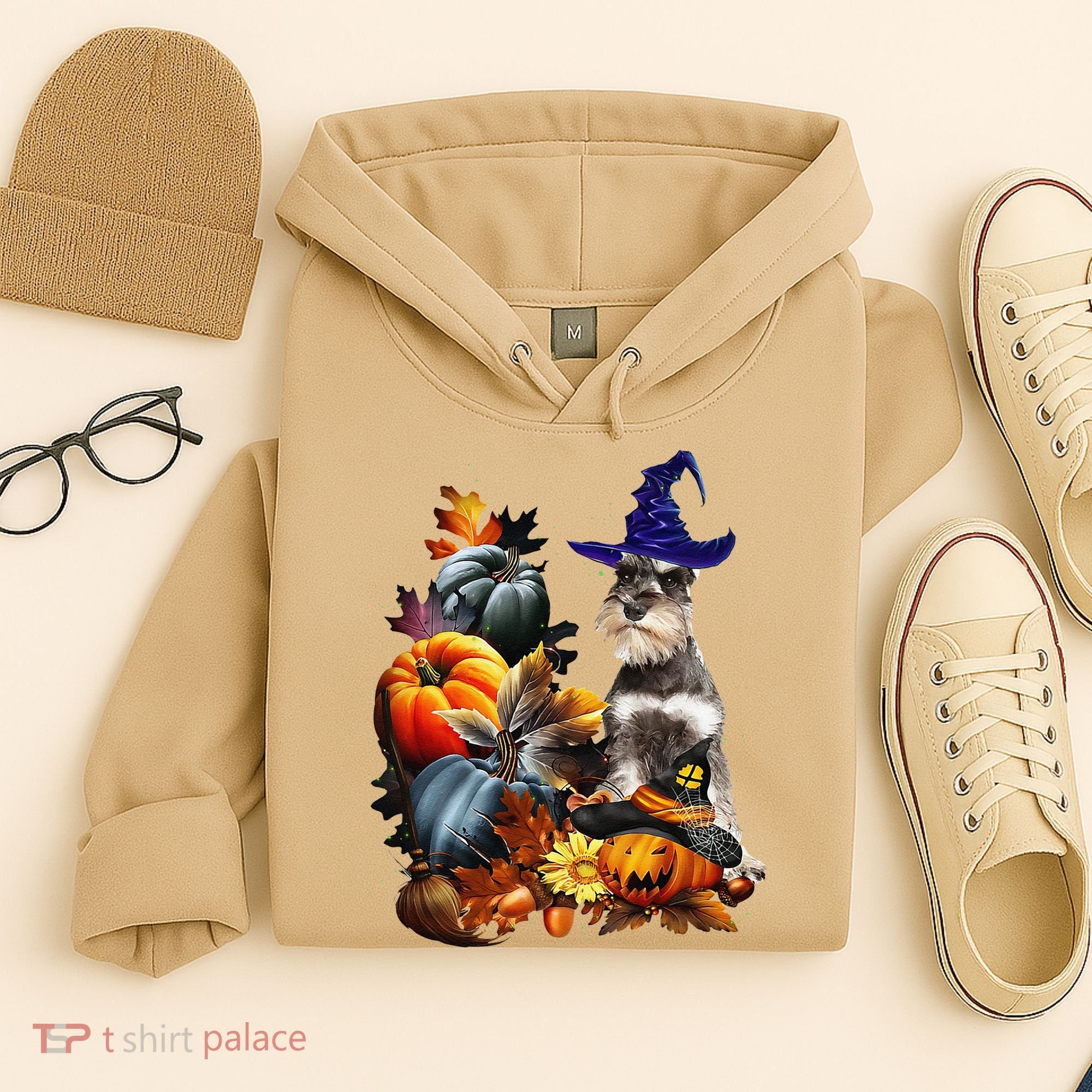 Grey Miniature Schnauzer Witch Hat Spooky Pumpkin Halloween Hoodie