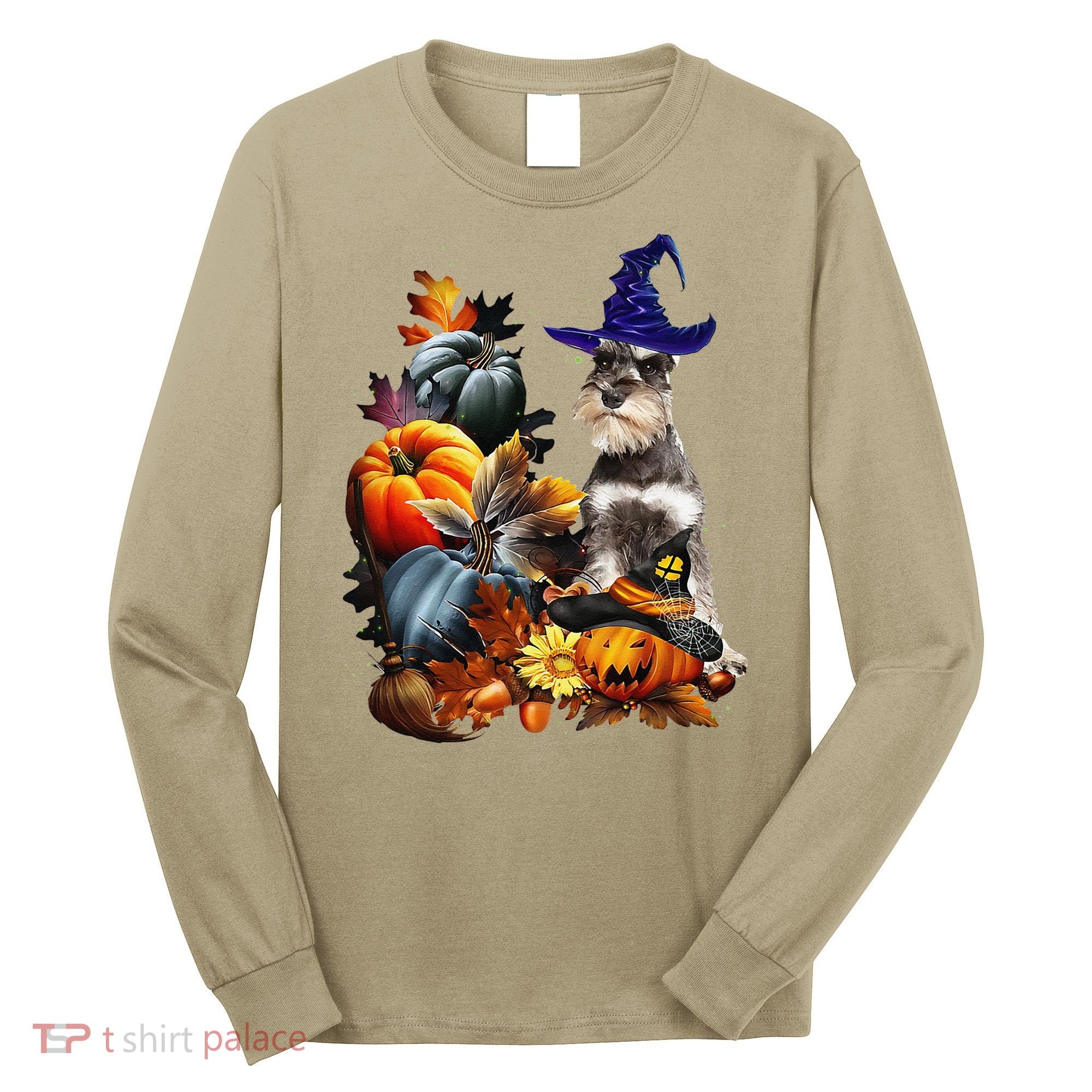 Grey Miniature Schnauzer Witch Hat Spooky Pumpkin Halloween Long Sleeve Shirt