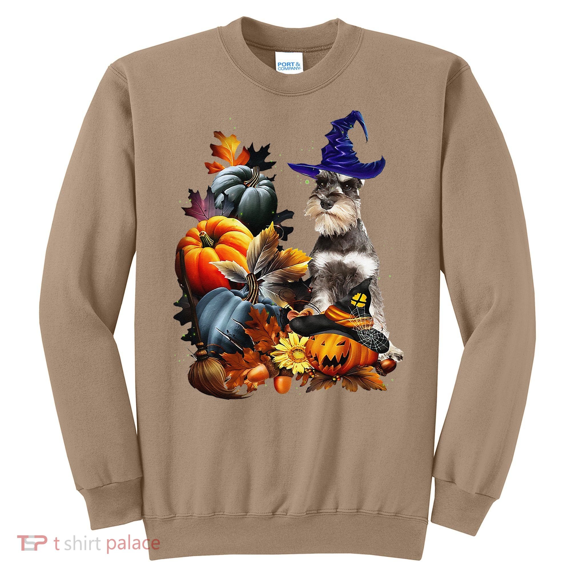 Grey Miniature Schnauzer Witch Hat Spooky Pumpkin Halloween Sweatshirt