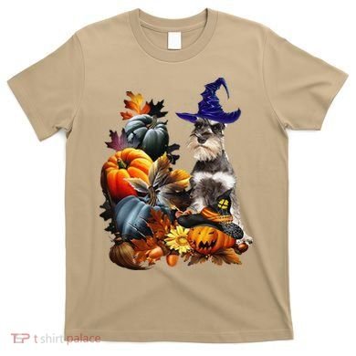 Grey Miniature Schnauzer Witch Hat Spooky Pumpkin Halloween T-Shirt
