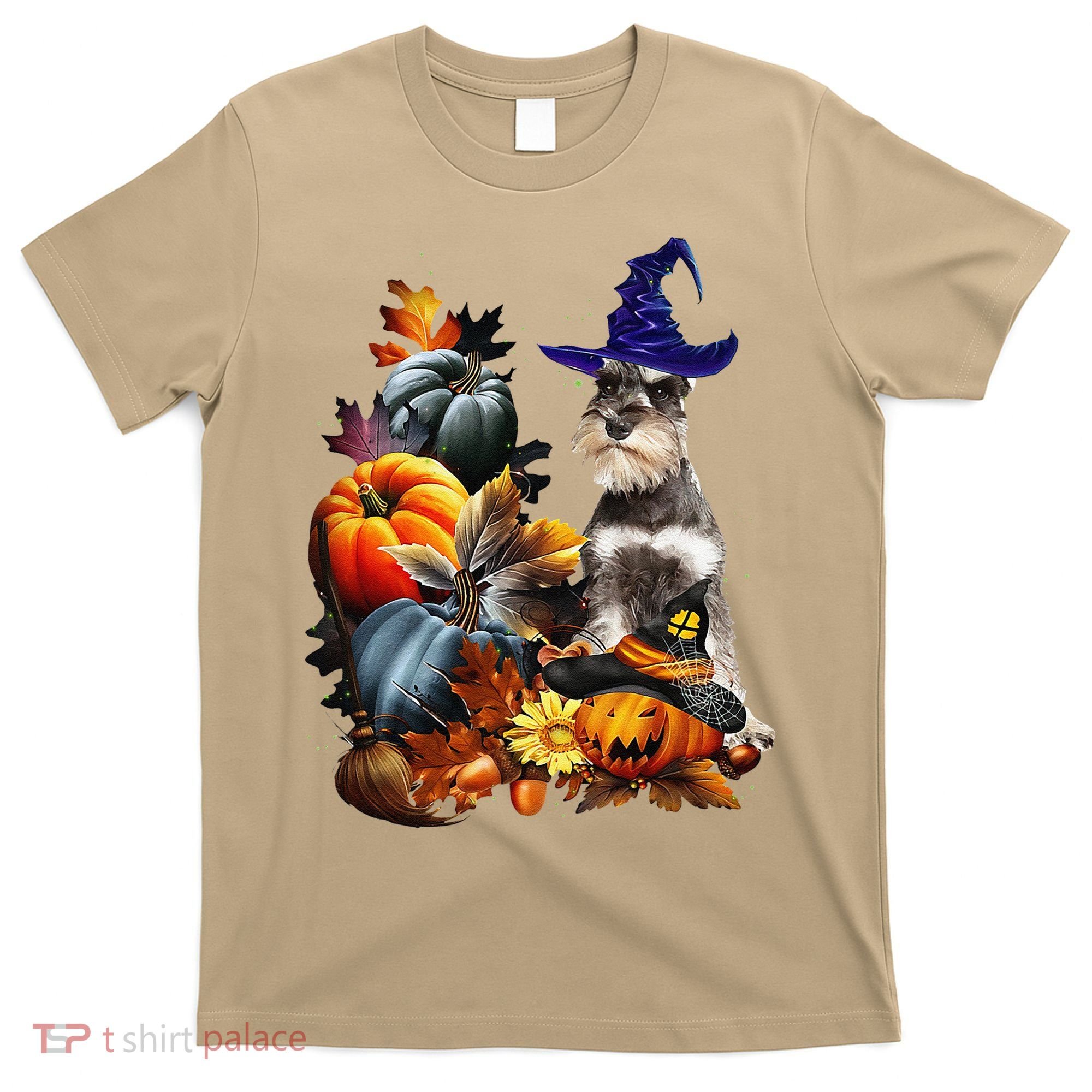 Grey Miniature Schnauzer Witch Hat Spooky Pumpkin Halloween T-Shirt