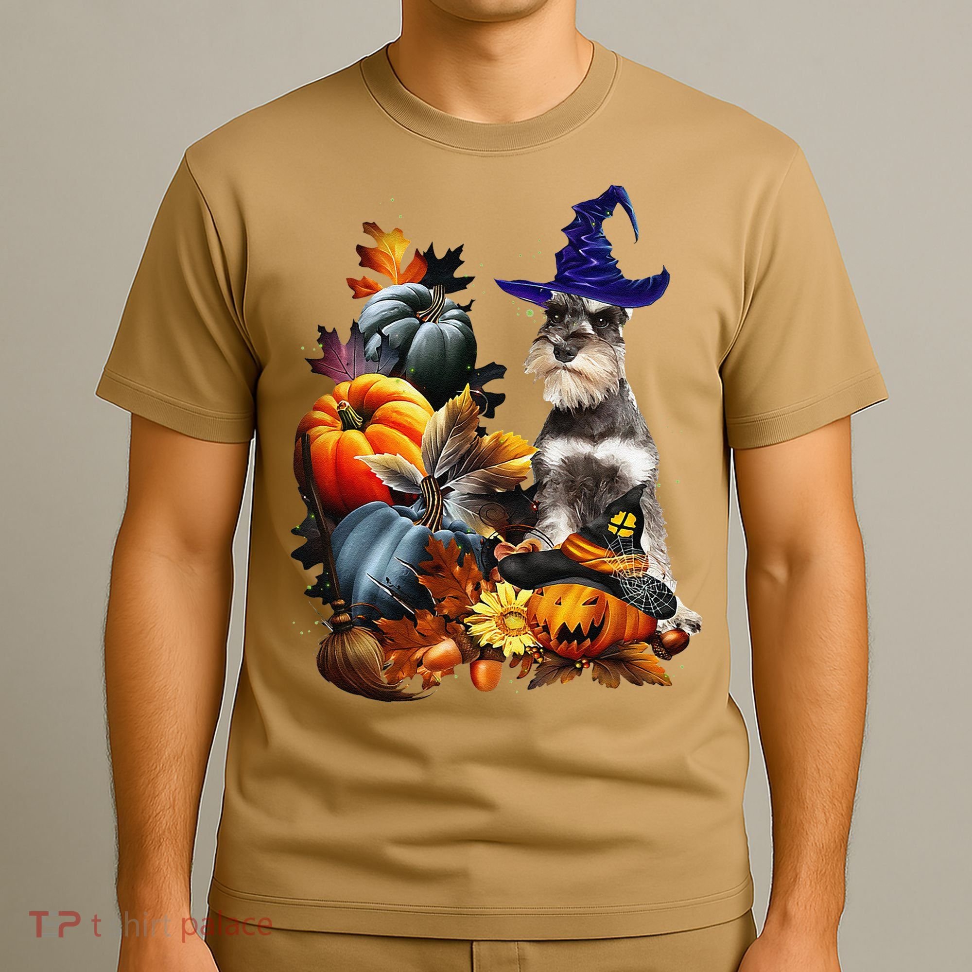 Grey Miniature Schnauzer Witch Hat Spooky Pumpkin Halloween T-Shirt