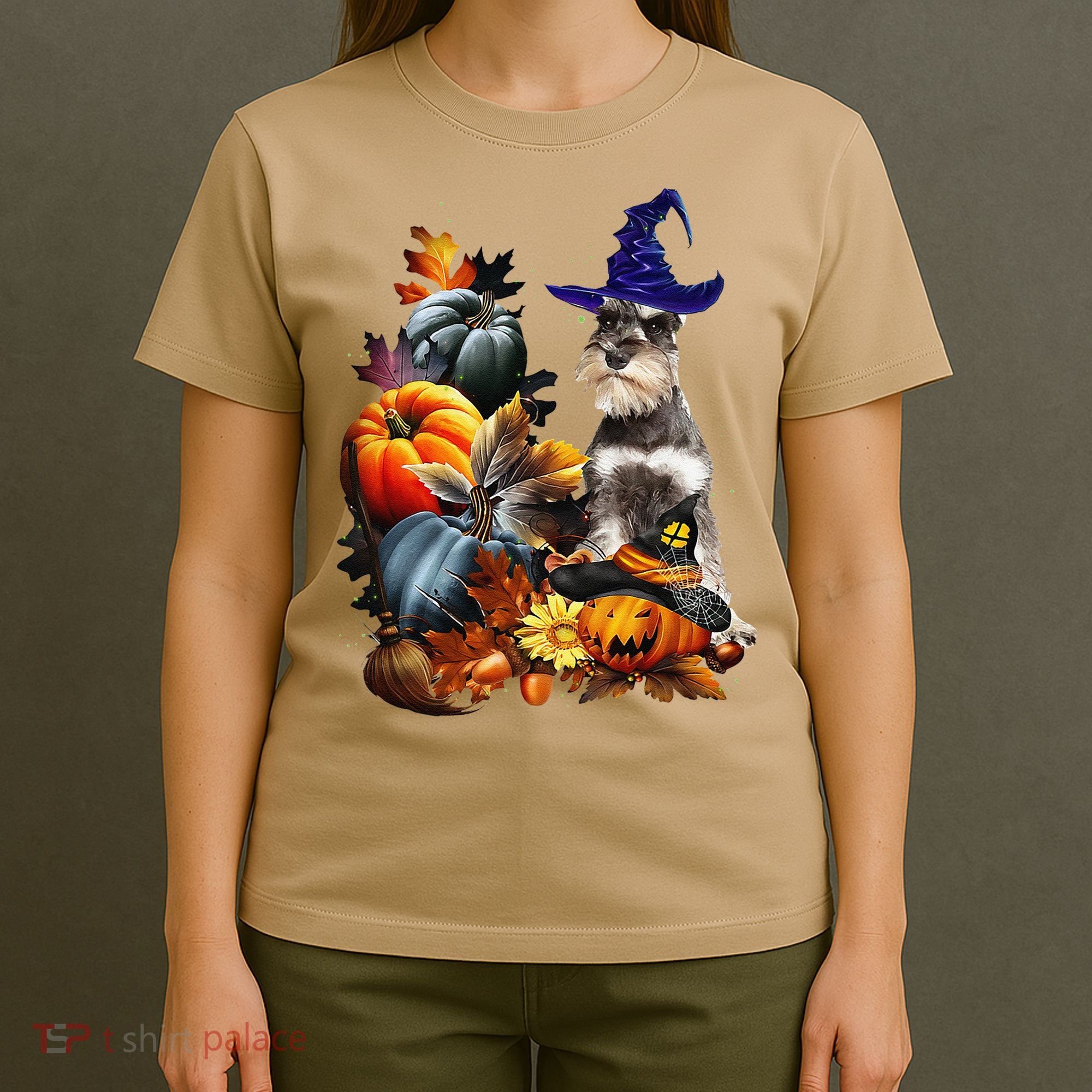 Grey Miniature Schnauzer Witch Hat Spooky Pumpkin Halloween T-Shirt