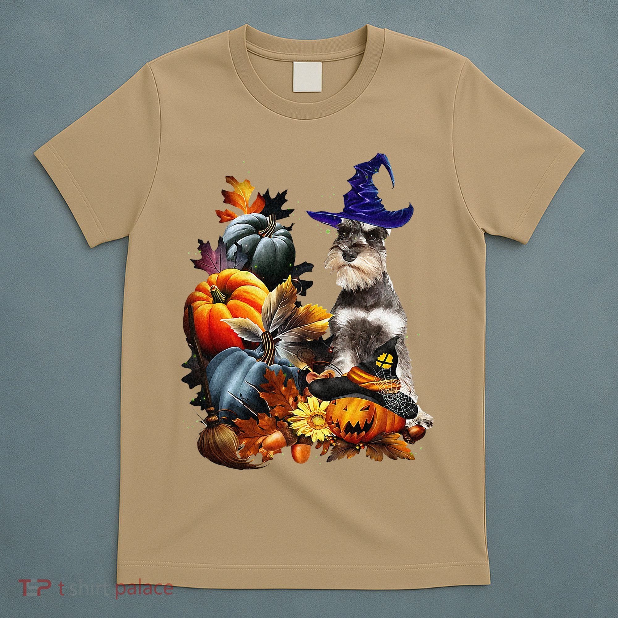 Grey Miniature Schnauzer Witch Hat Spooky Pumpkin Halloween T-Shirt