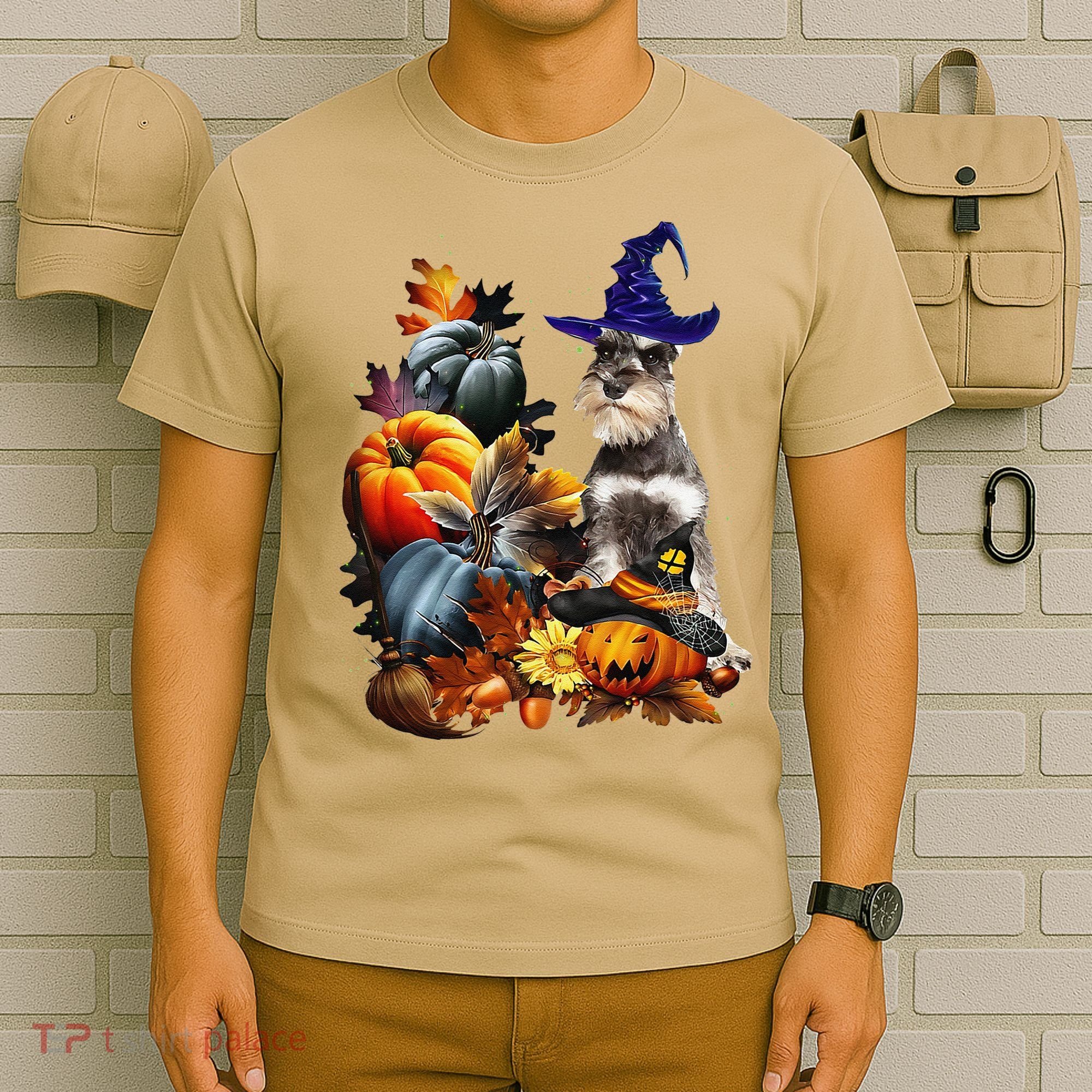 Grey Miniature Schnauzer Witch Hat Spooky Pumpkin Halloween T-Shirt