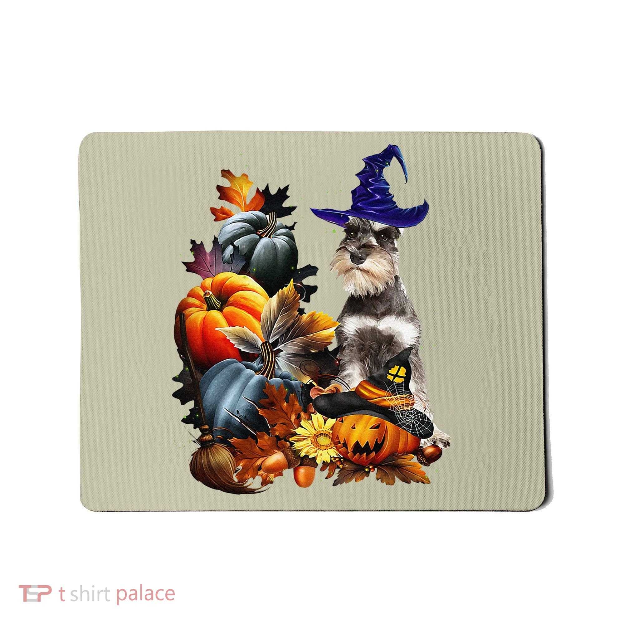Grey Miniature Schnauzer Witch Hat Spooky Pumpkin Halloween Mousepad