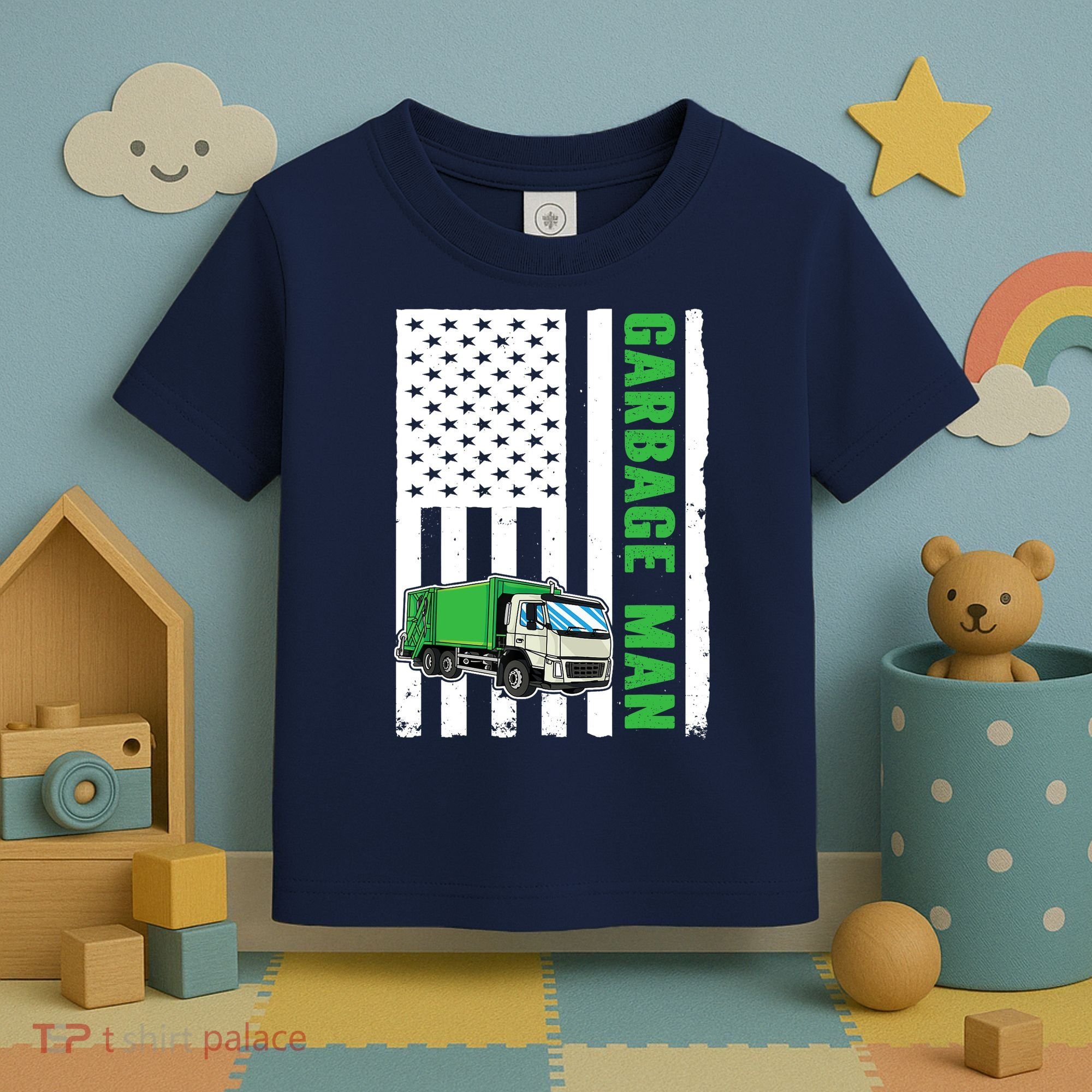 Garbage Man US Flag Garbage Truck Toddler T-Shirt