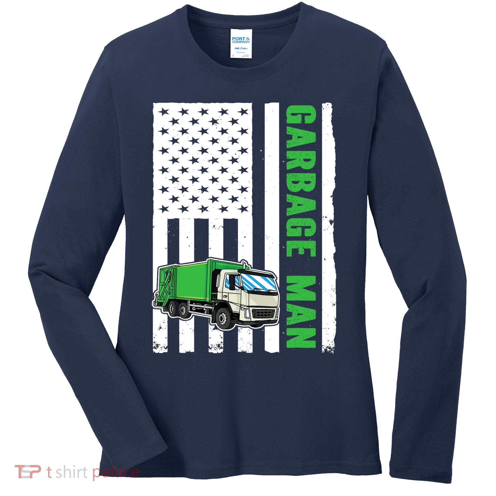 Garbage Man US Flag Garbage Truck Women's Long Sleeve Shirt