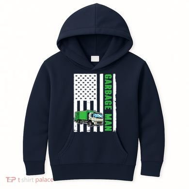 Garbage Man US Flag Garbage Truck Kids Hoodie