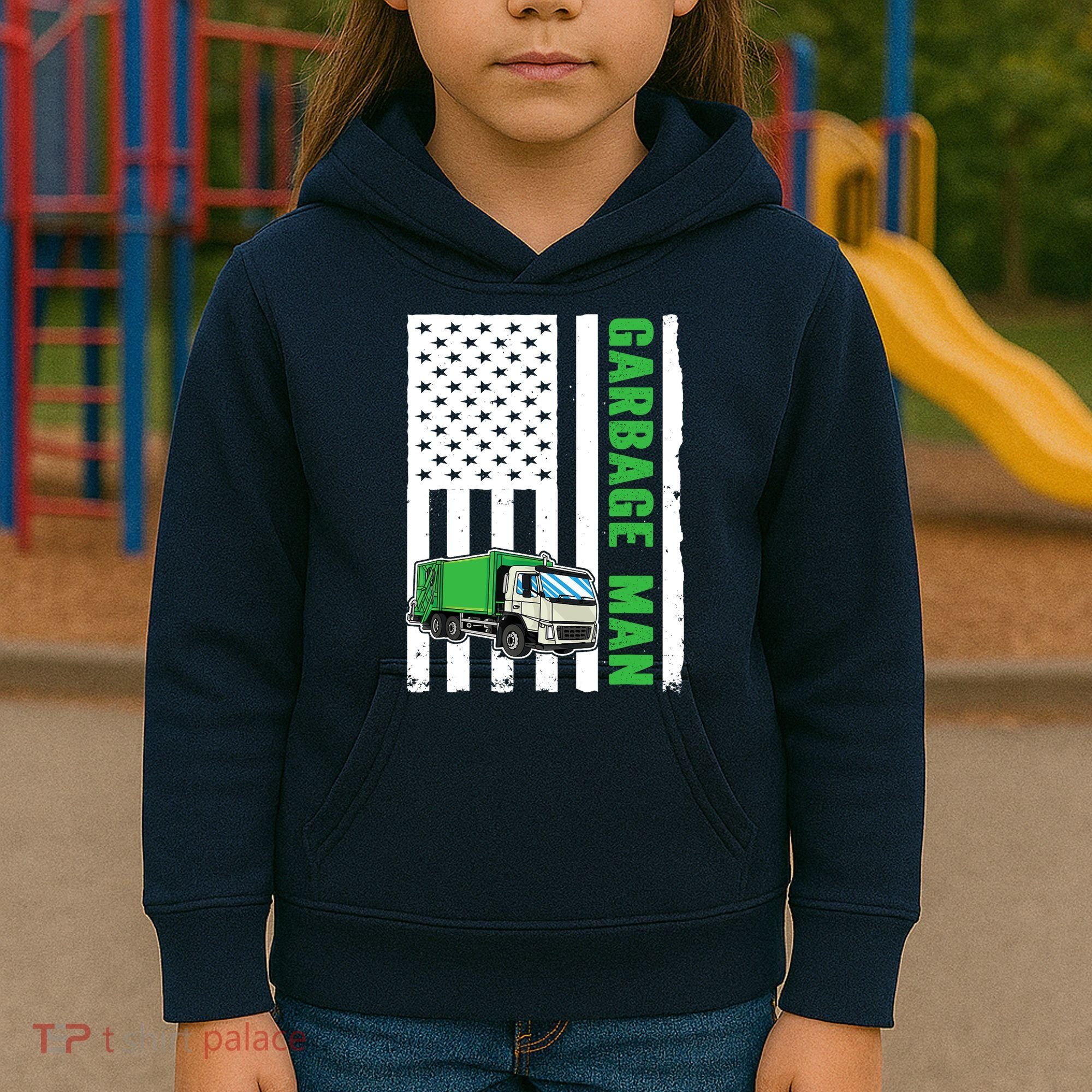 Garbage Man US Flag Garbage Truck Kids Hoodie