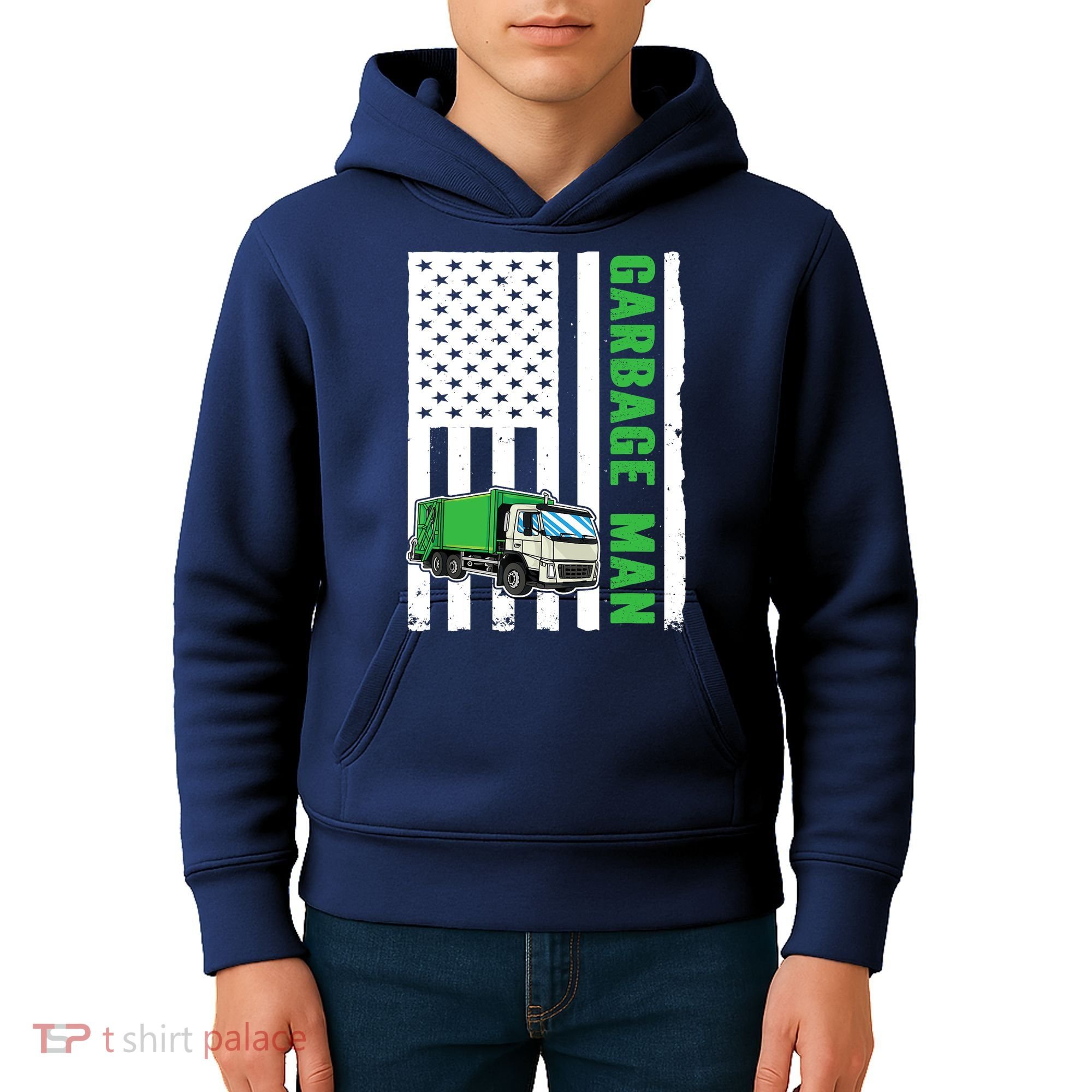Garbage Man US Flag Garbage Truck Kids Hoodie